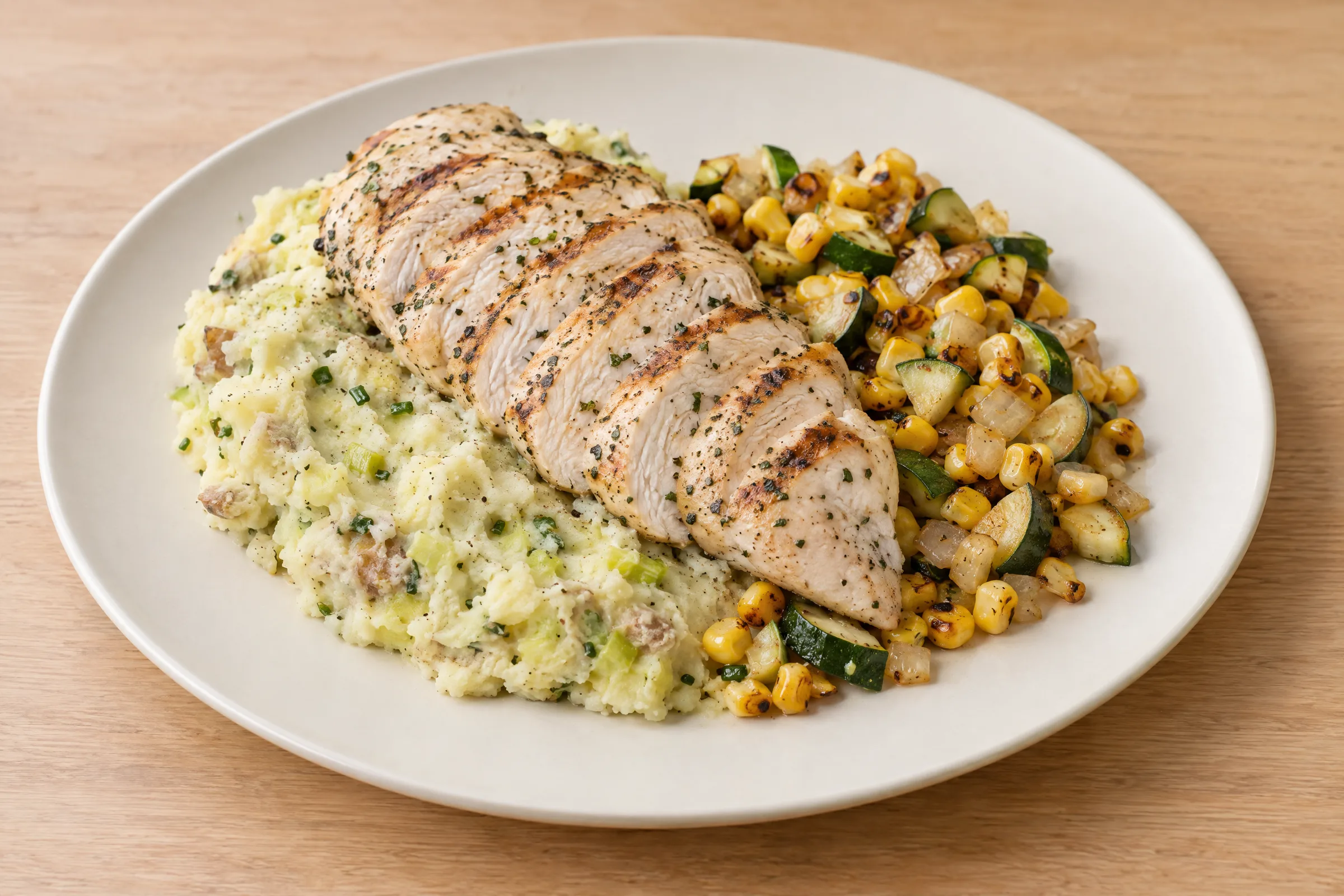 Sliced grilled herb chicken breast on creamy potato leek mash with roasted corn and zucchini saute. AI illustration, not a photo of the delivered meal. Appearance and portions vary.