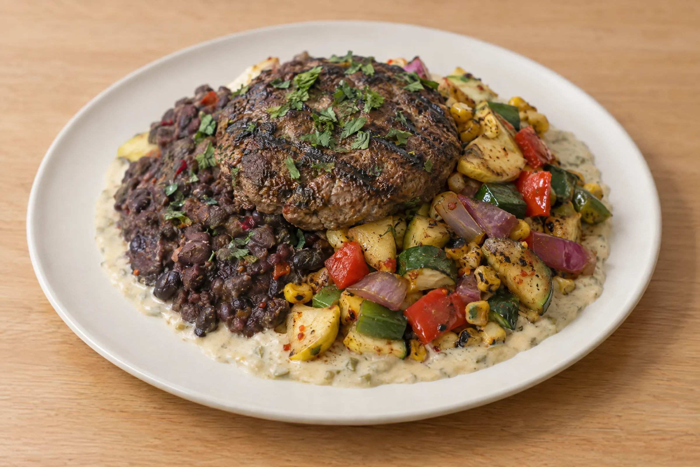 A grilled beef burger patty on smashed black beans with zucchini, corn, peppers and green chile queso. AI illustration, not a photo of the delivered meal. Appearance and portions vary.