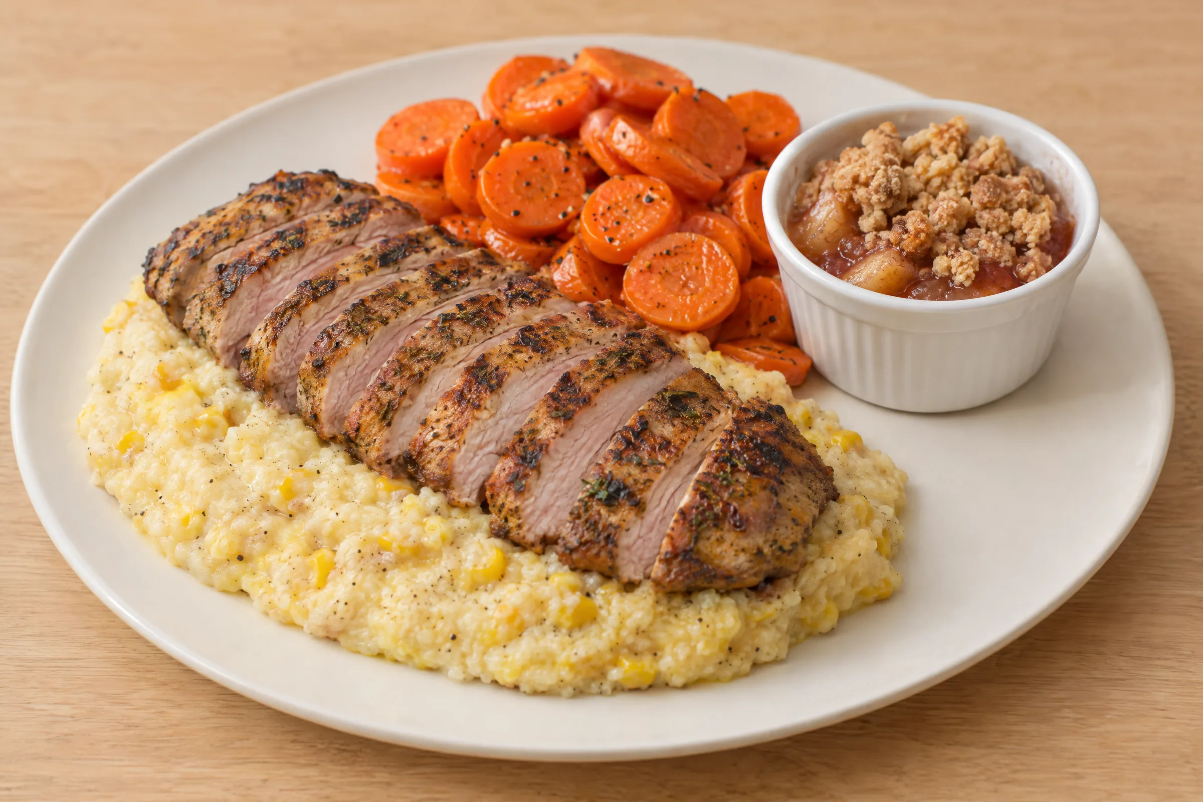 Sliced smoked pork chop on cheddar grits with creamed corn, peppered carrot coins, and apple cobbler. AI illustration, not a photo of the delivered meal. Appearance and portions vary.