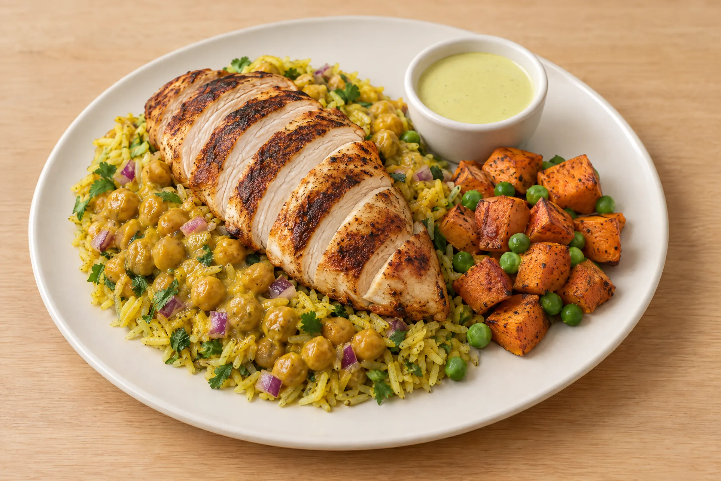 Sliced grilled chicken breast on yellow rice with curried chickpeas, roasted sweet potatoes, carrots, peas and yogurt sauce. AI illustration, not a photo of the delivered meal. Appearance and portions vary.