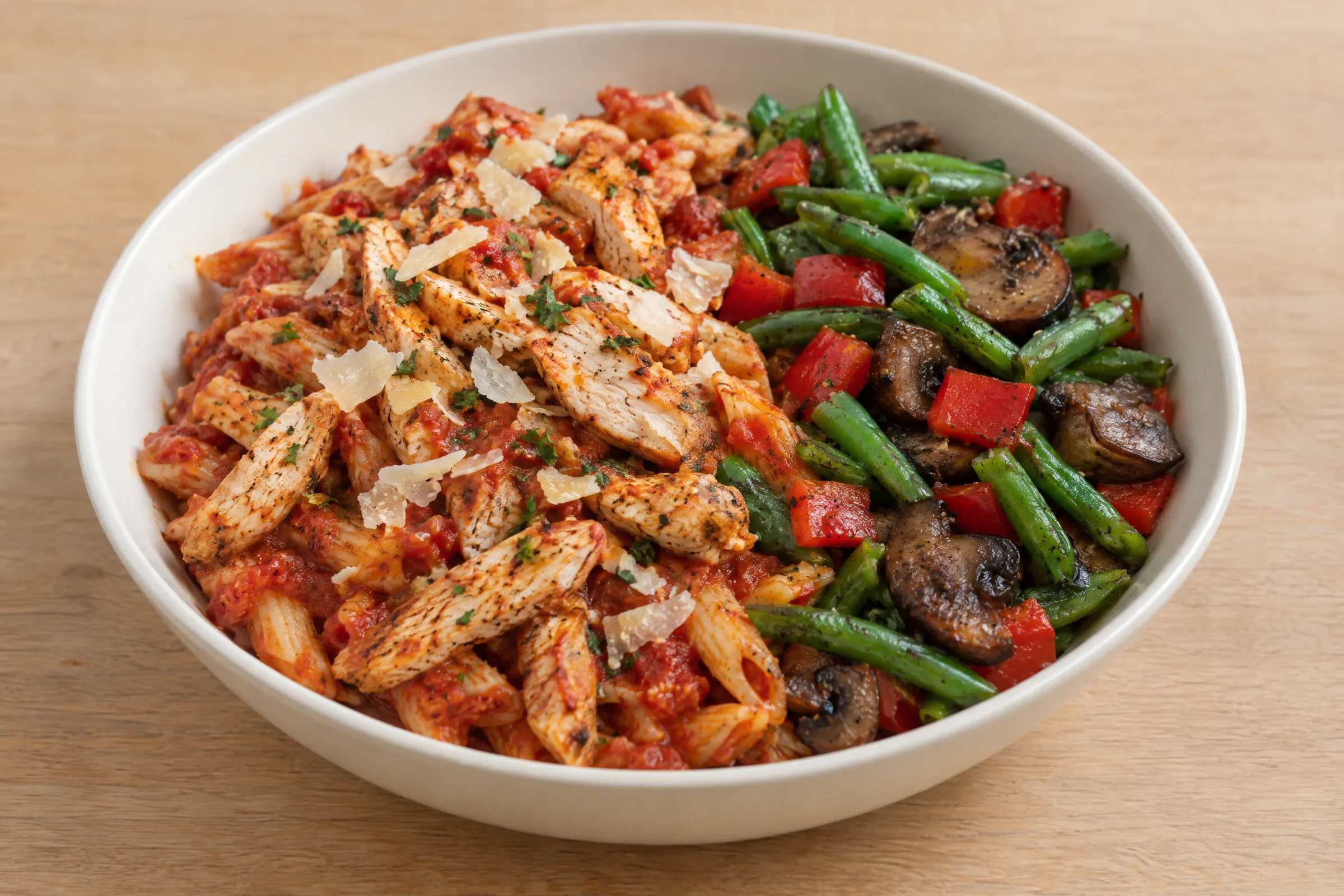 Tomato-sauced penne with sliced paprika chicken and shaved Parmesan, beside sautéed green beans, mushrooms and red peppers. AI illustration, not a photo of the delivered meal. Appearance and portions vary.