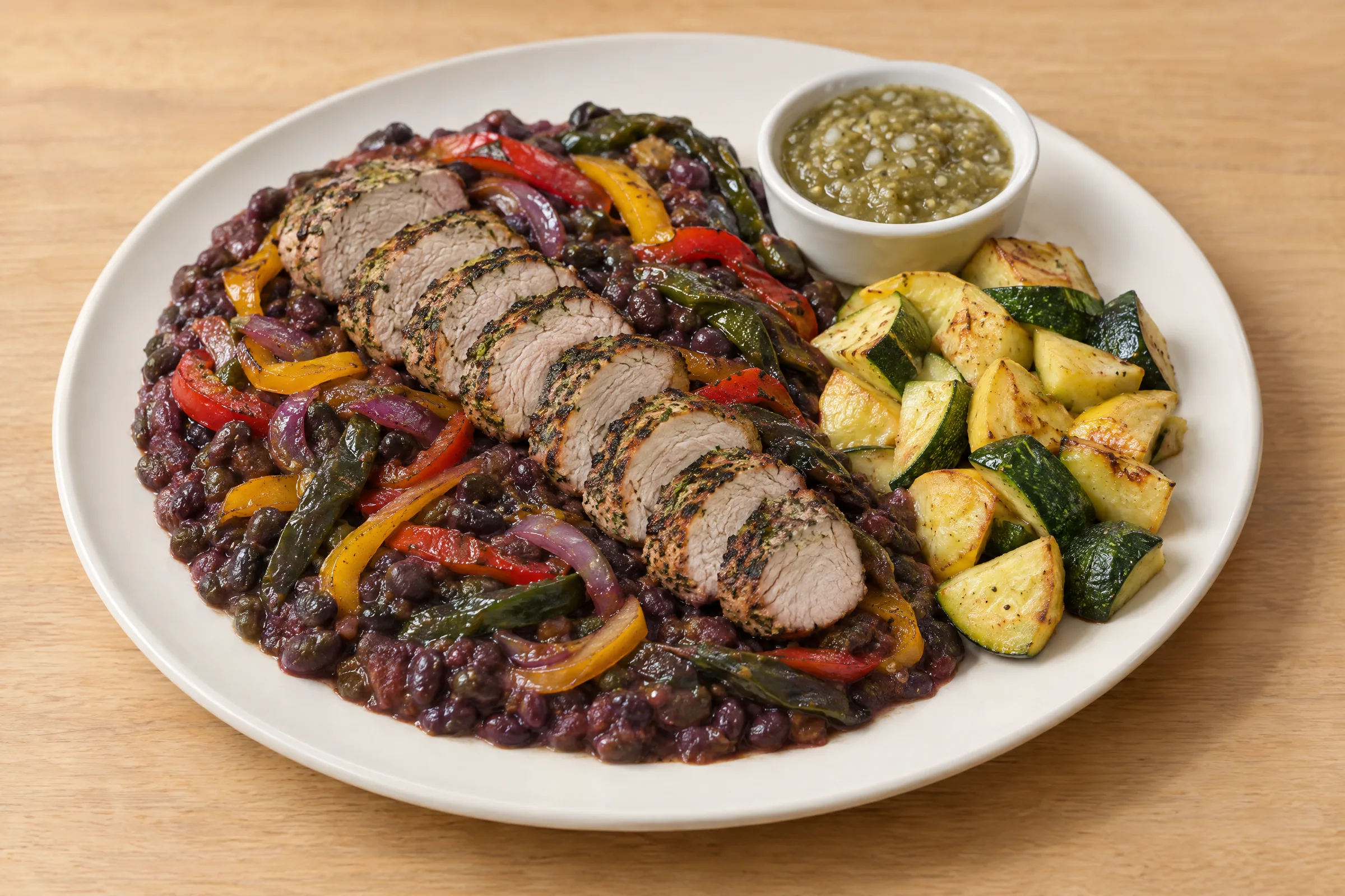 Sliced herb-crusted grilled pork tenderloin over stewed black beans with peppers and onions, sauteed zucchini and squash, and salsa verde. AI illustration, not a photo of the delivered meal. Appearance and portions vary.