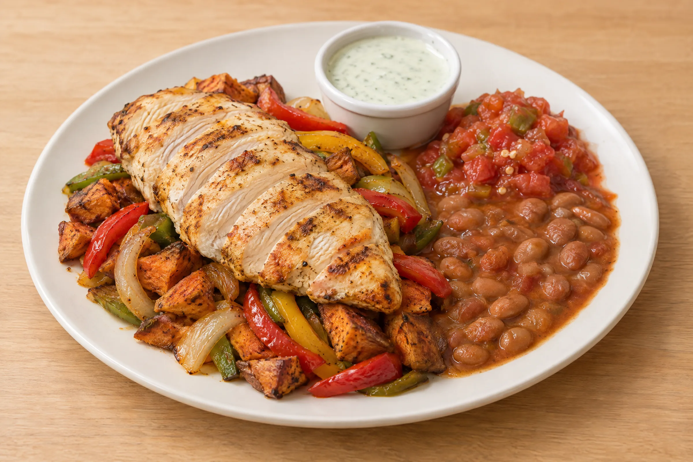 Sliced grilled chicken breast over roasted sweet potatoes and peppers with pinto beans, salsa and herbed cream. AI illustration, not a photo of the delivered meal. Appearance and portions vary.