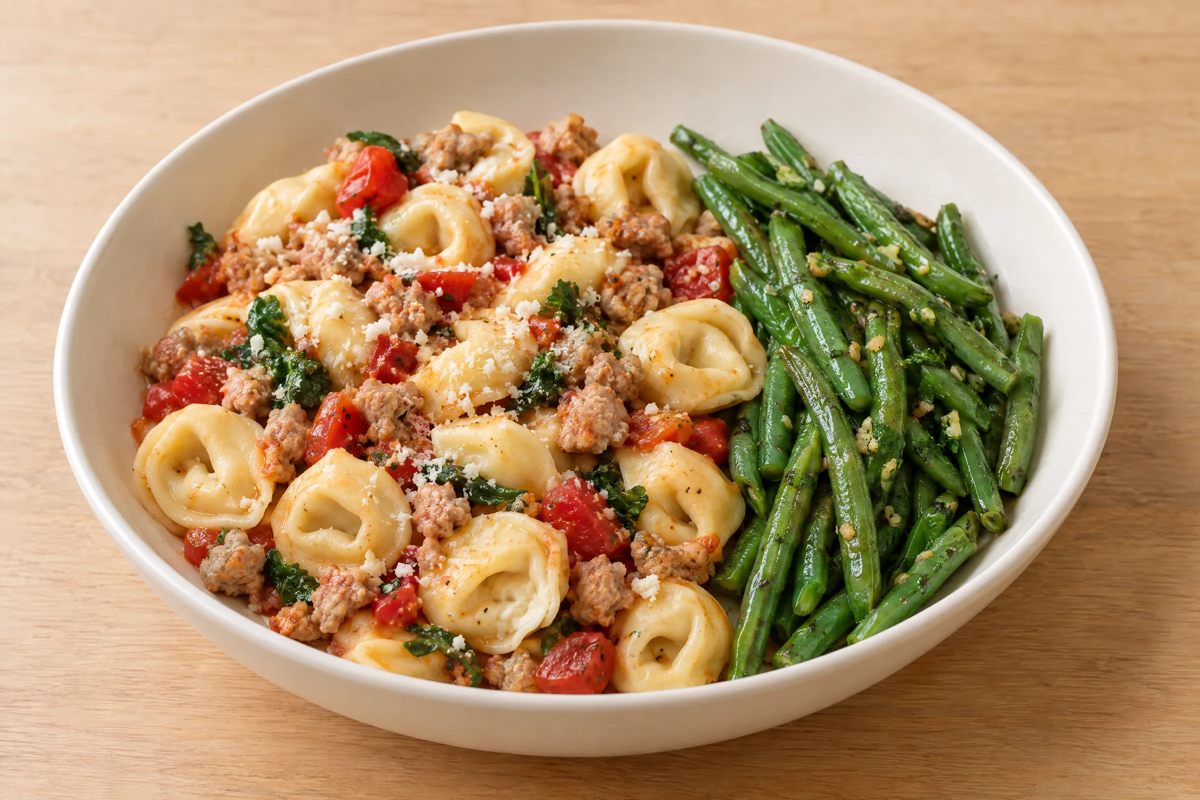 Cheese tortellini tossed with Italian sausage, tomatoes, kale and Parmesan, with sauteed green beans alongside. AI illustration, not a photo of the delivered meal. Appearance and portions vary.