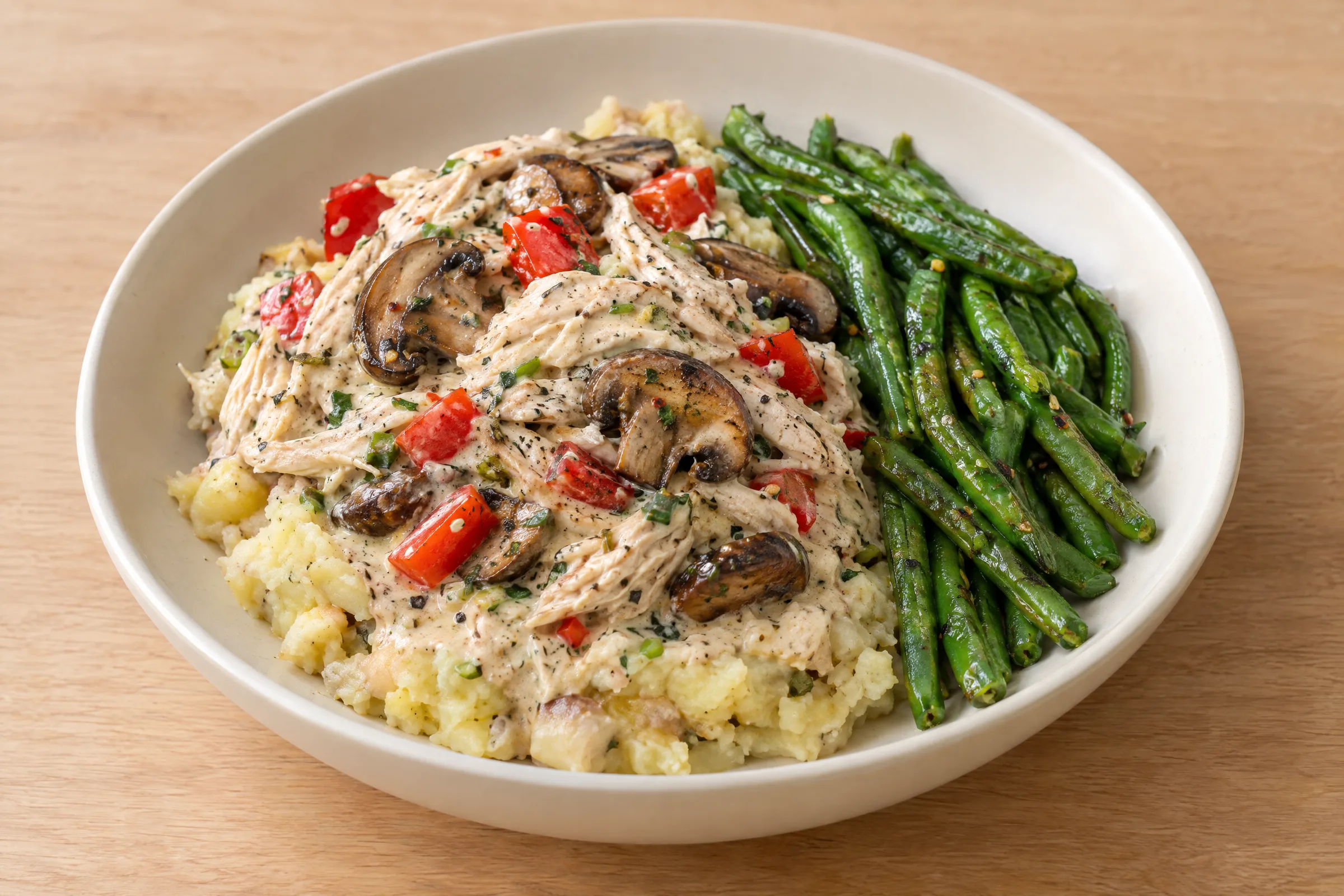 Creamy shredded chicken with seared mushrooms and red peppers over potato-celeriac mash, with green beans alongside. AI illustration, not a photo of the delivered meal. Appearance and portions vary.