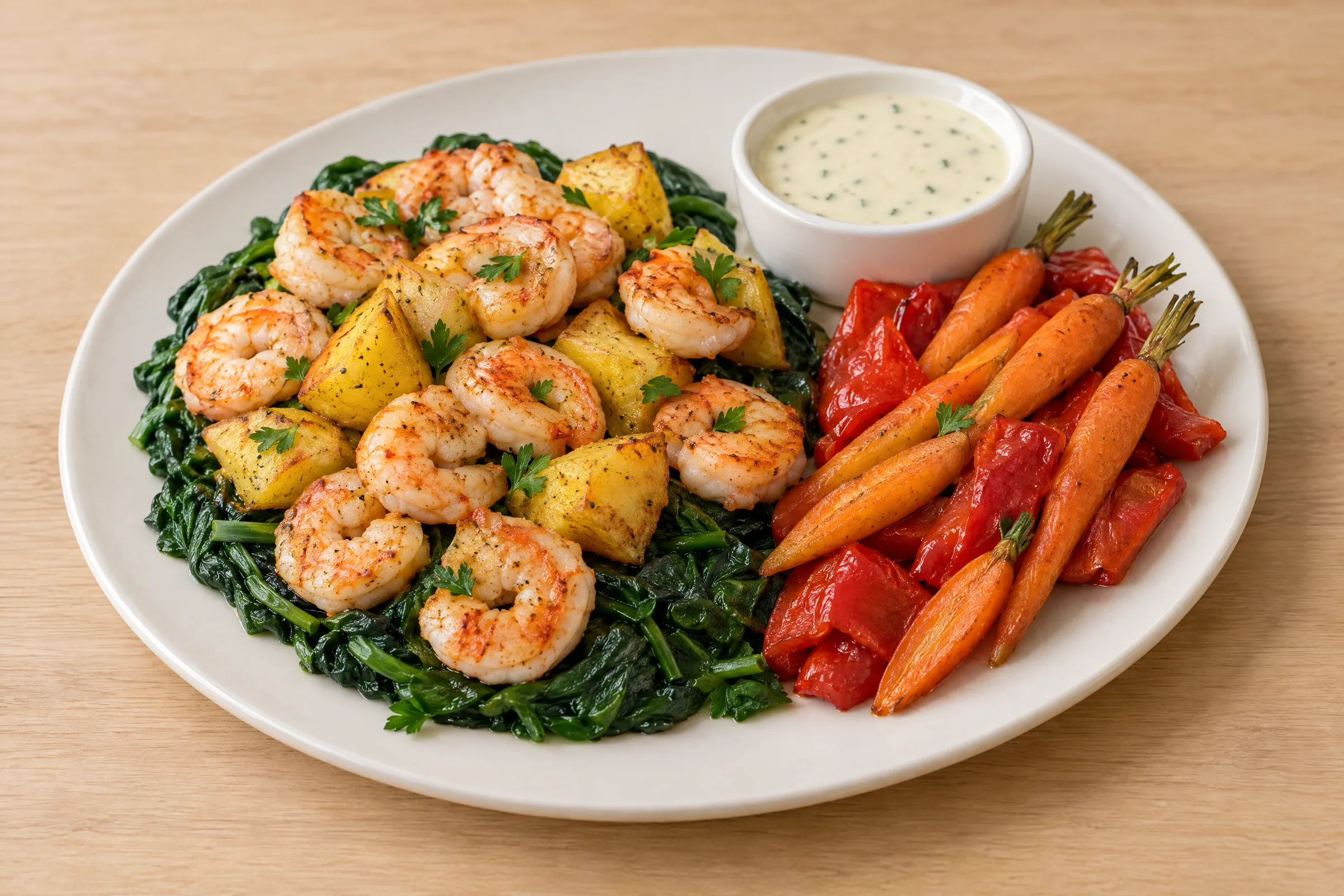 Seared red shrimp and roasted golden potatoes over wilted spinach, with baby carrots, red peppers and garlic cream sauce. AI illustration, not a photo of the delivered meal. Appearance and portions vary.