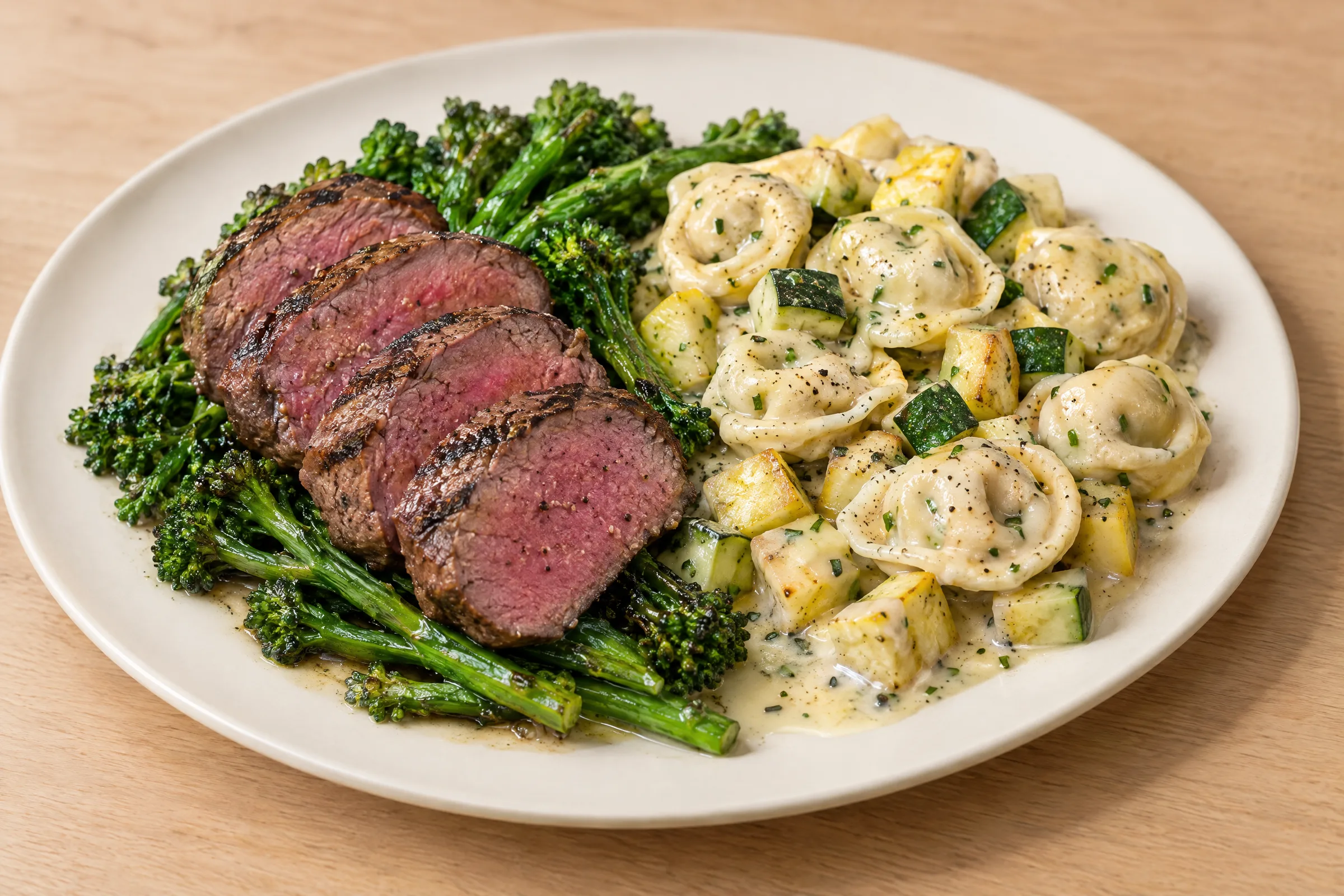 Sliced medium-rare filet mignon over broccolini, with cheese tortellini, zucchini and yellow squash in parmesan chive butter. AI illustration, not a photo of the delivered meal. Appearance and portions vary.