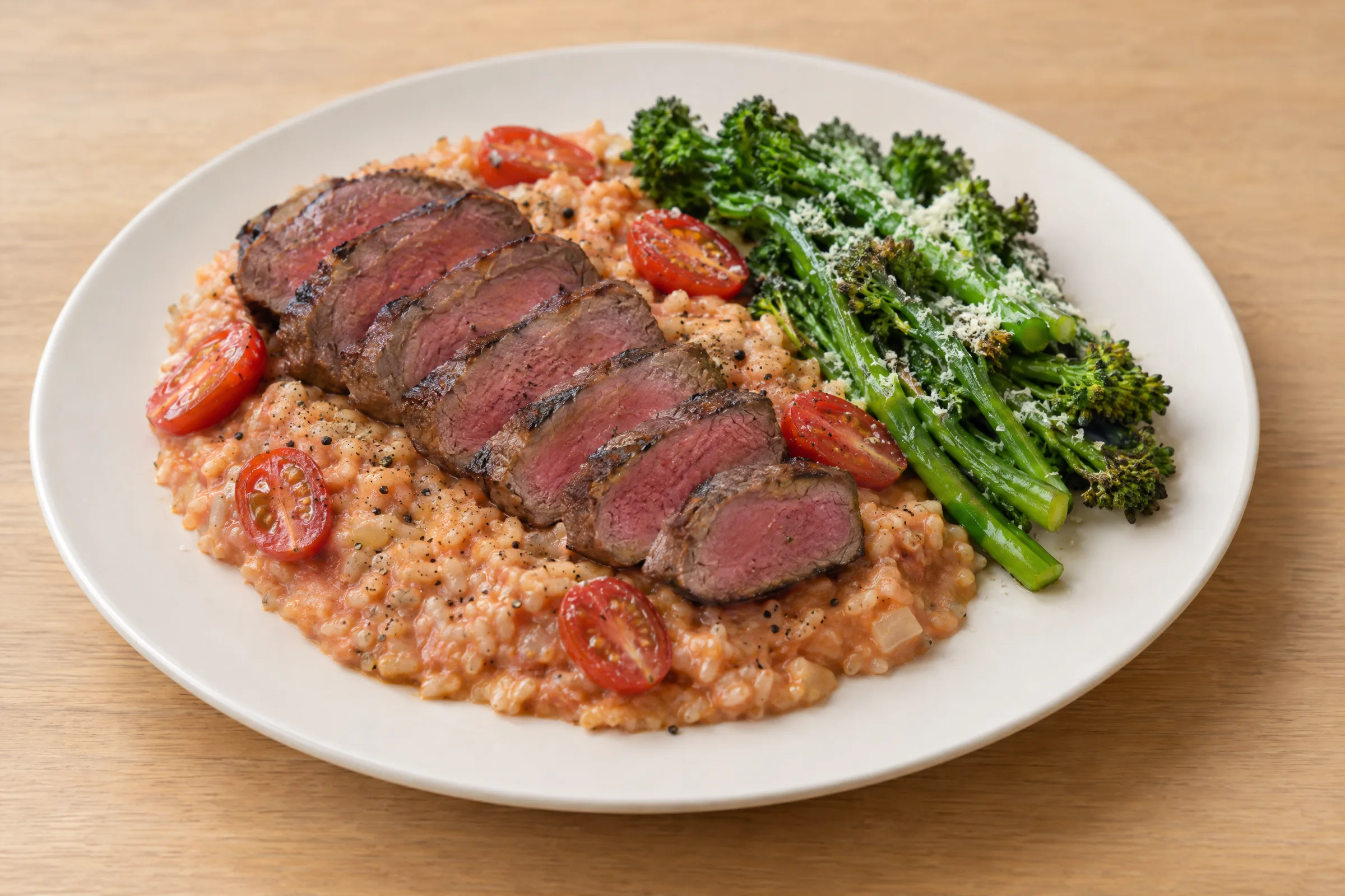 Sliced medium-rare filet mignon over creamy tomato risotto with roasted grape tomatoes and parmesan-dusted broccolini. AI illustration, not a photo of the delivered meal. Appearance and portions vary.