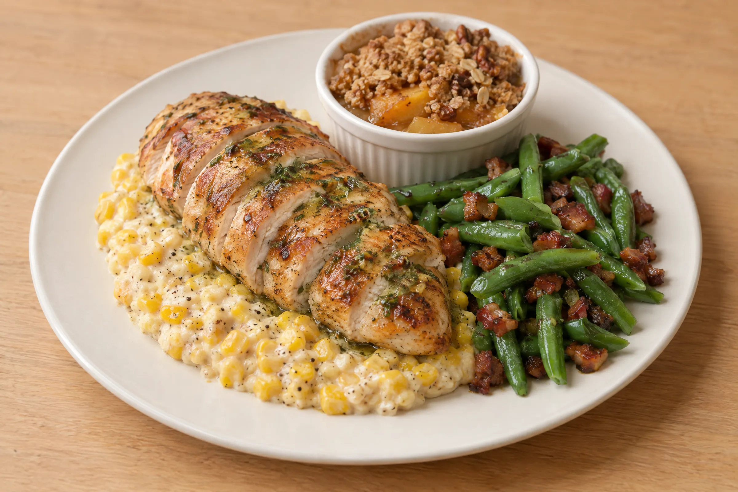 Sliced herb-buttered chicken breast over creamed corn, with bacon green beans and a peach-apple crumble cup. AI illustration, not a photo of the delivered meal. Appearance and portions vary.