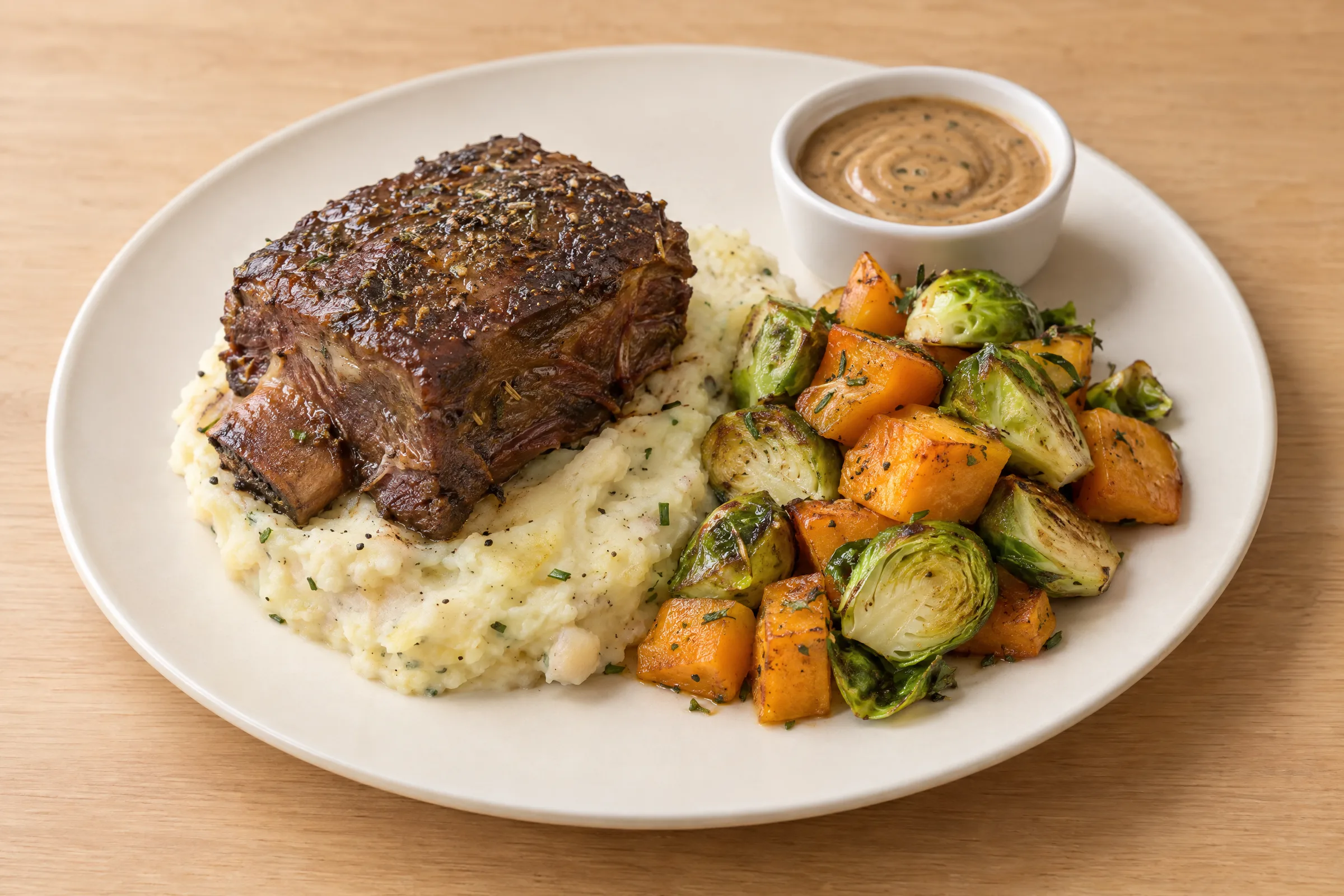 A seared short rib on potato-celeriac mash with roasted butternut squash, Brussels sprouts and a cup of gravy. AI illustration, not a photo of the delivered meal. Appearance and portions vary.