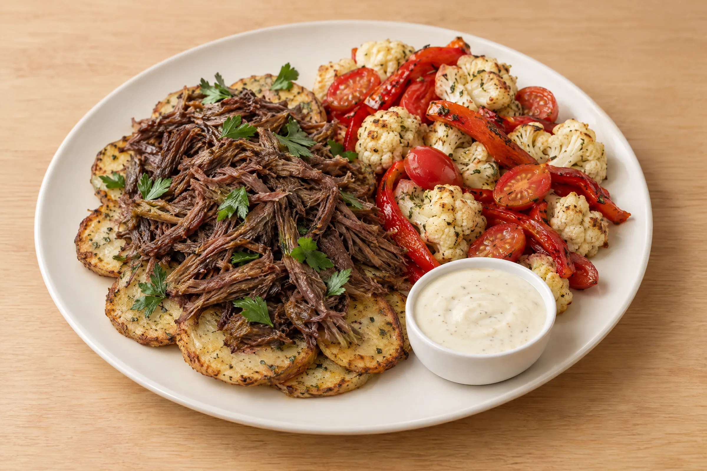 Shredded beef over roasted potato rounds with cauliflower, red peppers, tomatoes and a cup of cream sauce. AI illustration, not a photo of the delivered meal. Appearance and portions vary.