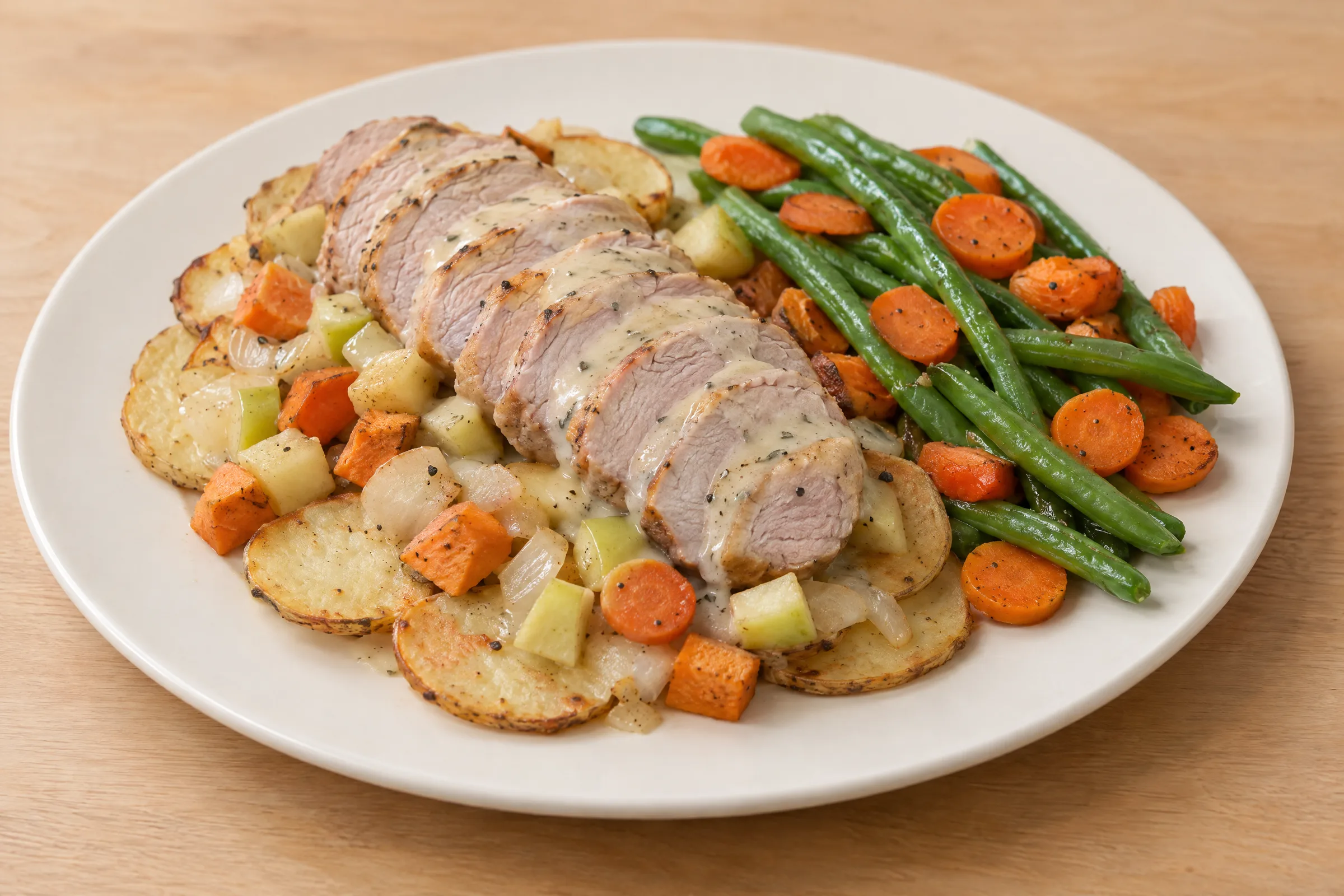 Sliced smoked pork chop in pale herb sauce over roasted potato rounds with apples, green beans and carrots. AI illustration, not a photo of the delivered meal. Appearance and portions vary.