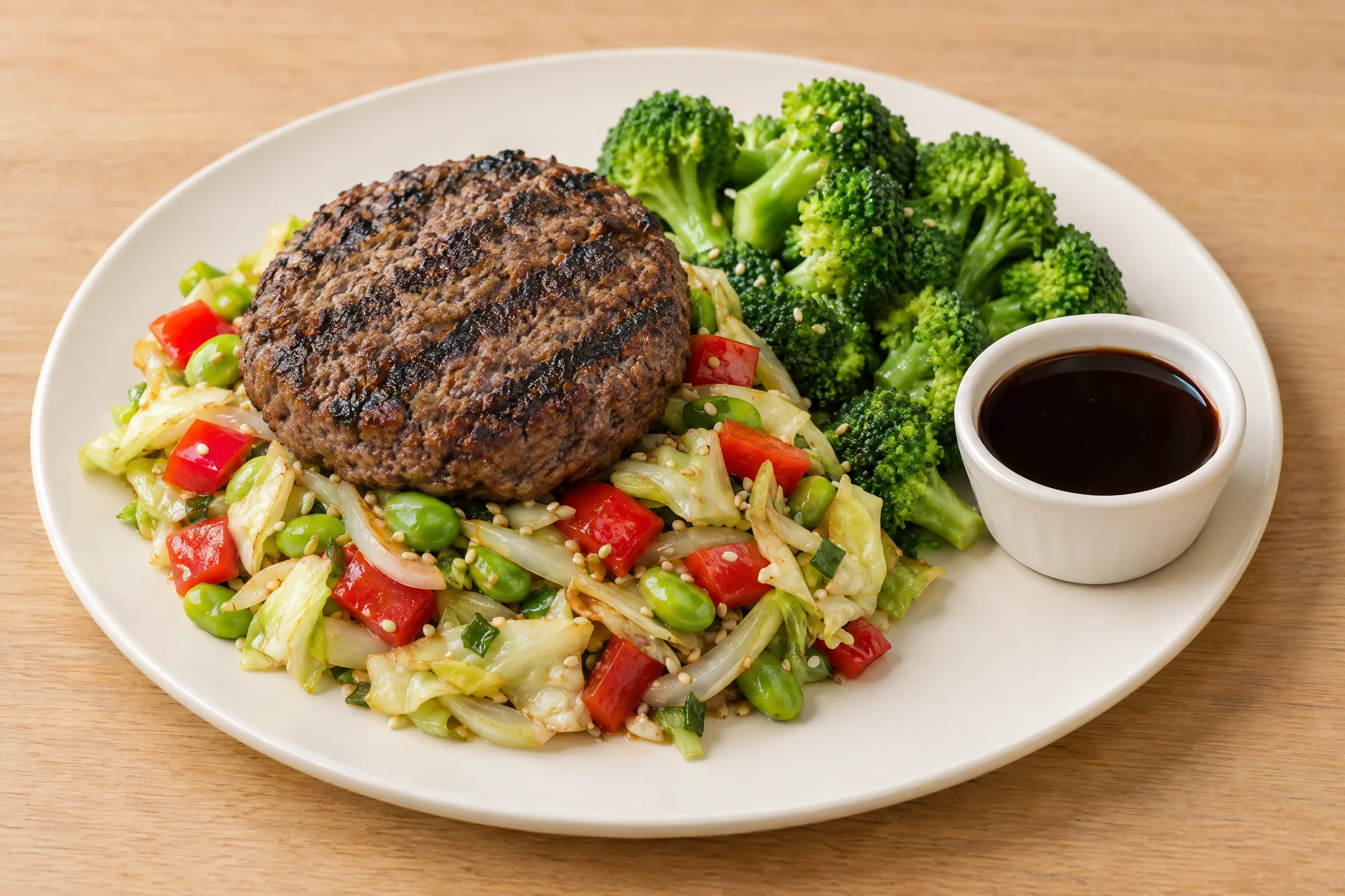 A grilled beef burger patty on edamame-cabbage slaw with broccoli florets and a cup of teriyaki sauce. AI illustration, not a photo of the delivered meal. Appearance and portions vary.