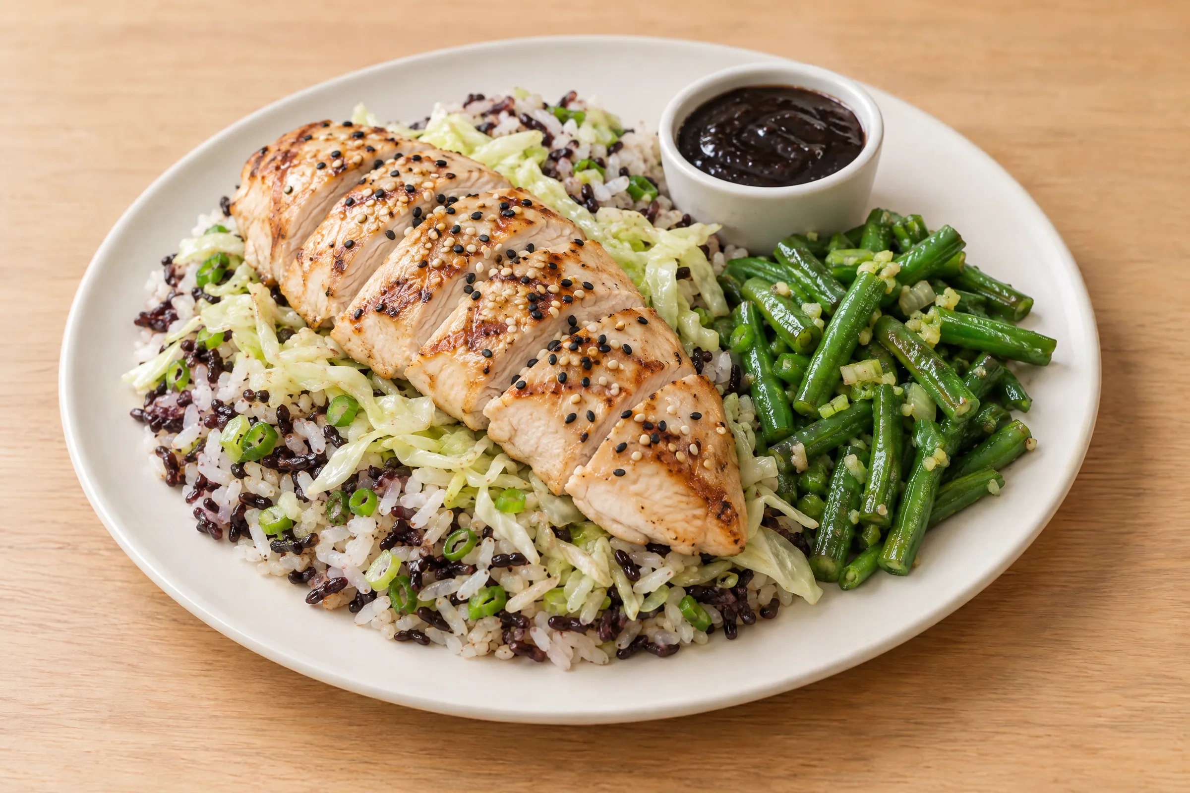 Sliced grilled chicken breast over white and black rice with cabbage, green beans, and teriyaki dipping sauce. AI illustration, not a photo of the delivered meal. Appearance and portions vary.