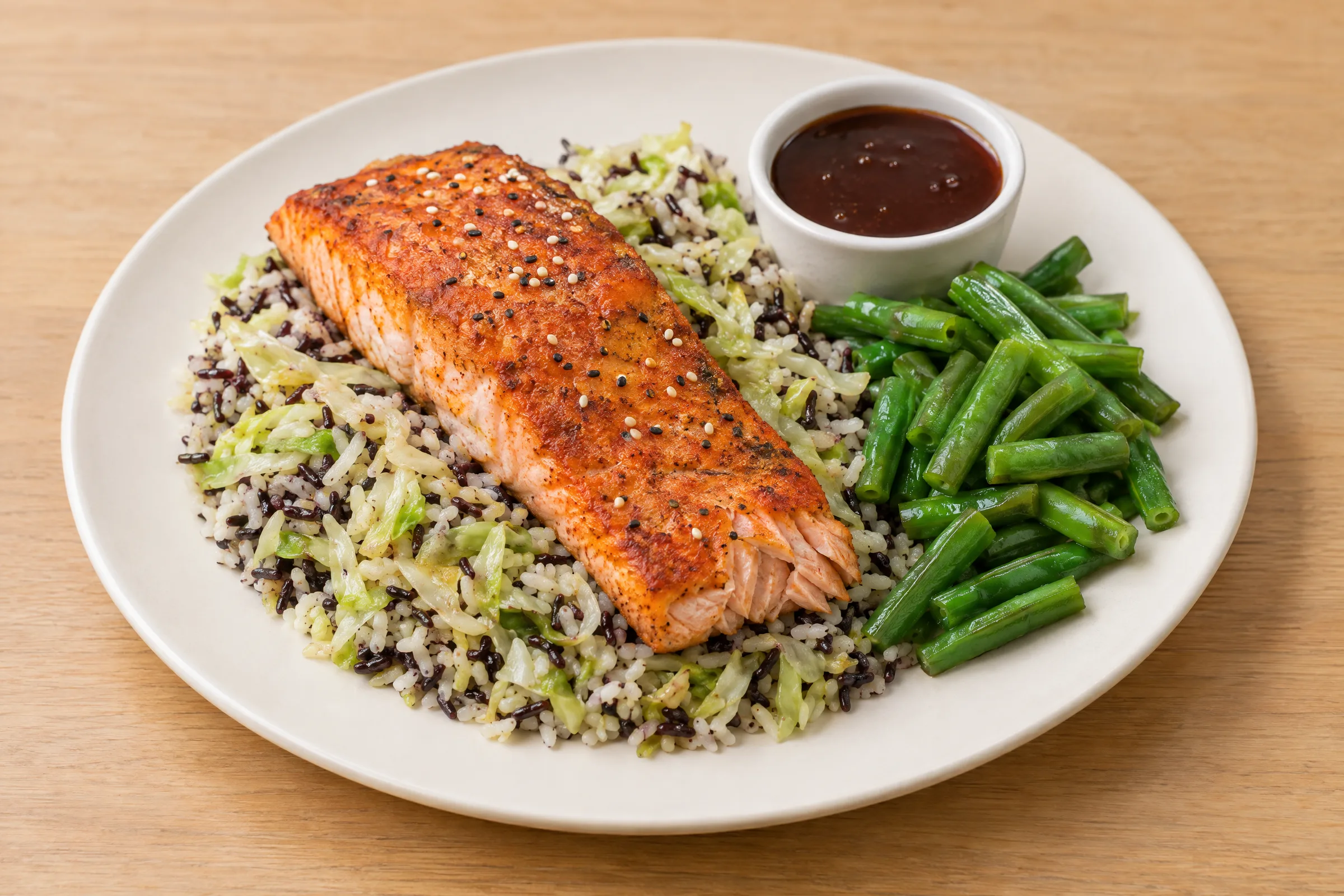 A glazed salmon fillet on black-and-white rice with cabbage, sesame green beans, and teriyaki dipping sauce. AI illustration, not a photo of the delivered meal. Appearance and portions vary.