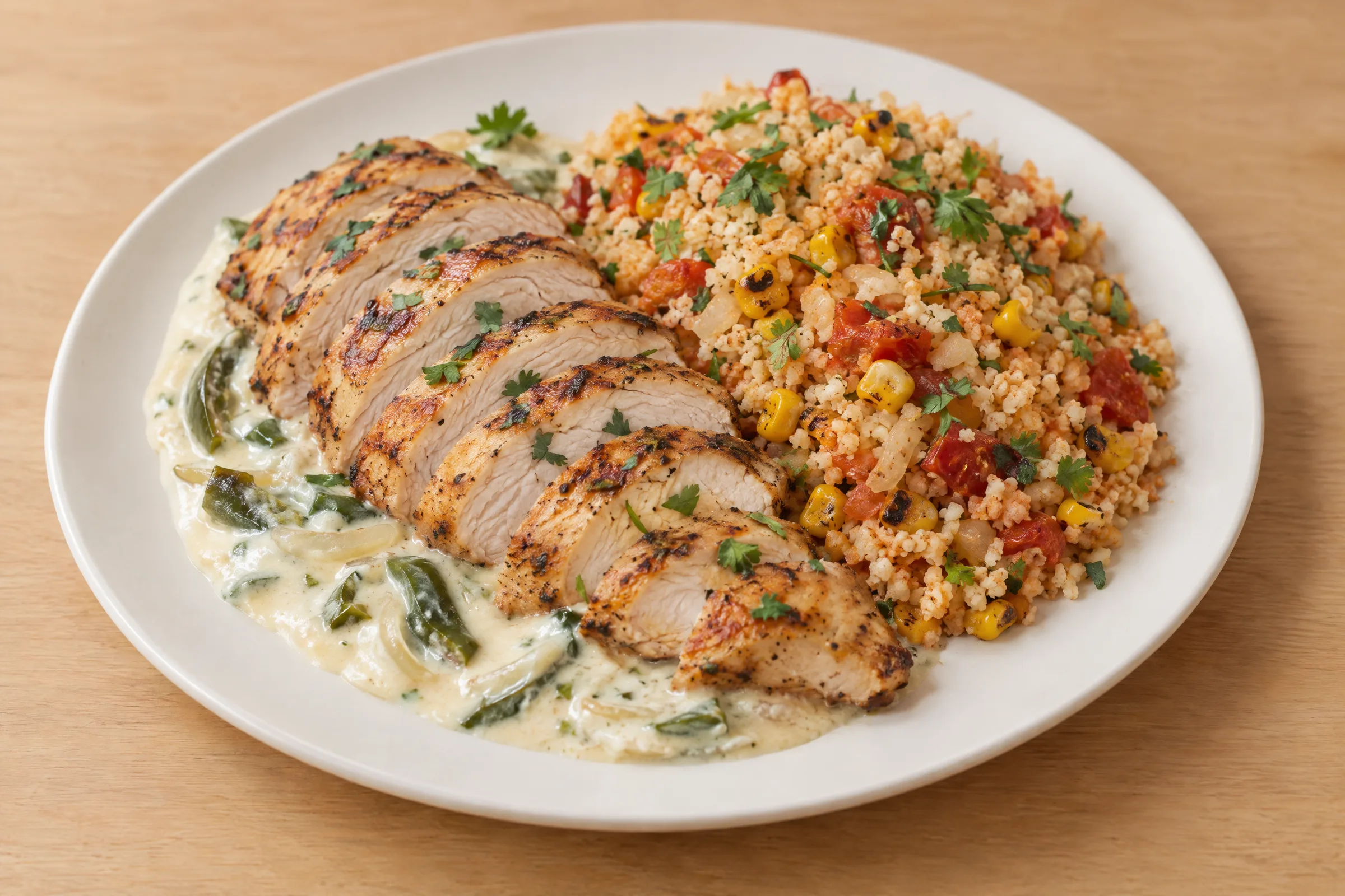 Sliced grilled chicken breast on creamy pepper jack queso with green chiles, beside tomato-flecked cauliflower rice with roasted corn. AI illustration, not a photo of the delivered meal. Appearance and portions vary.