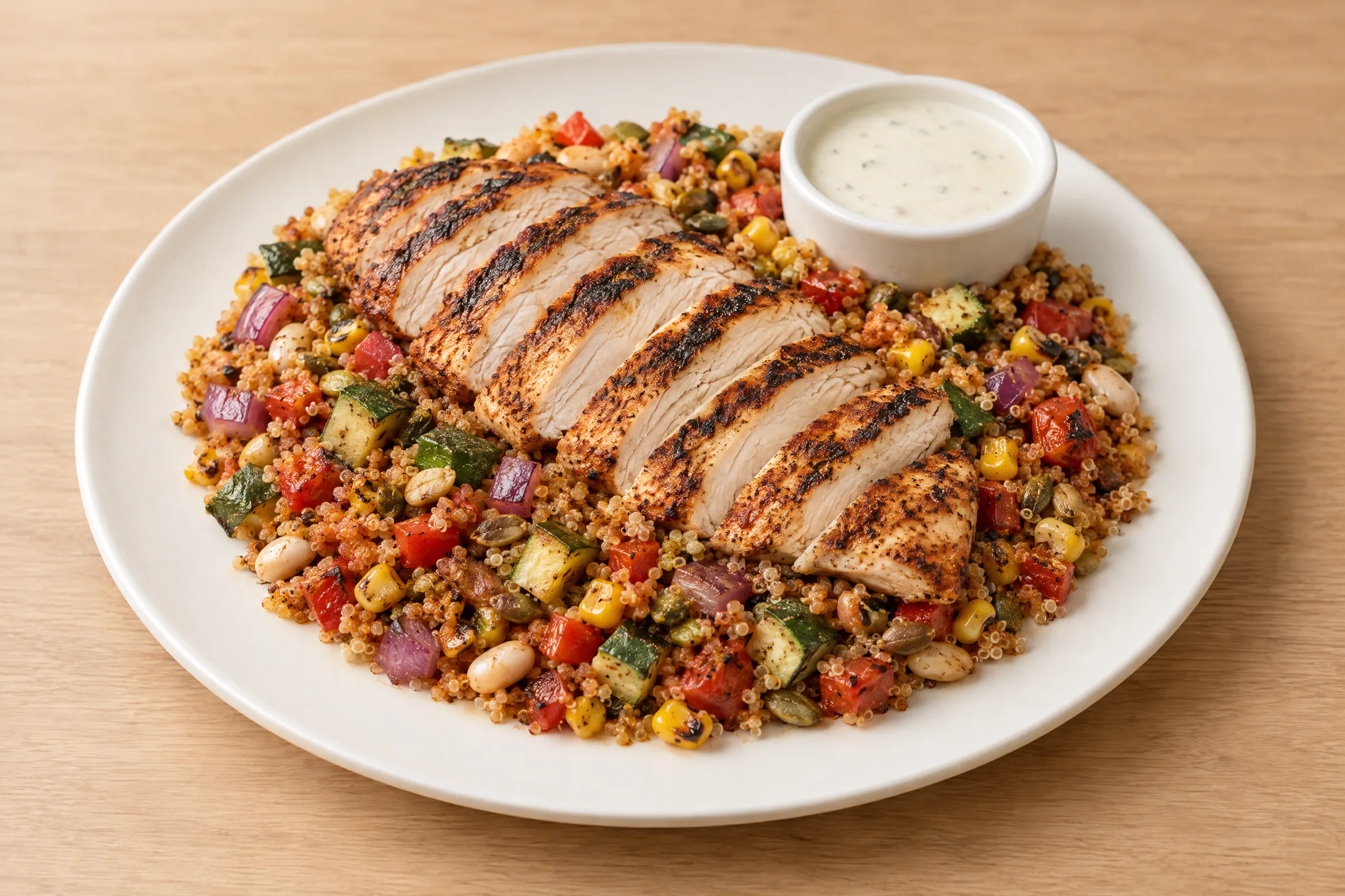 Sliced grilled chicken breast over salsa quinoa with zucchini, corn and peppers, with creamy green chile sauce alongside. AI illustration, not a photo of the delivered meal. Appearance and portions vary.