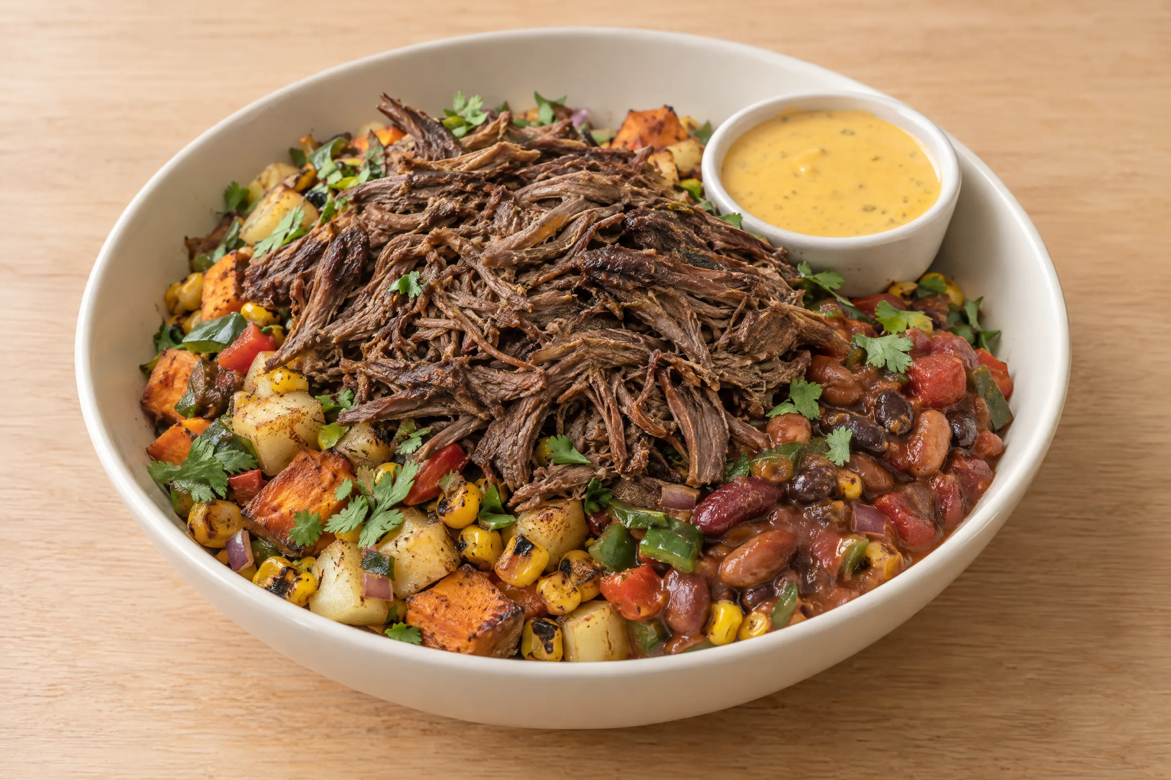 Shredded beef piled over roasted potatoes, sweet potatoes, charred corn and saucy mixed beans, with queso on the side. AI illustration, not a photo of the delivered meal. Appearance and portions vary.