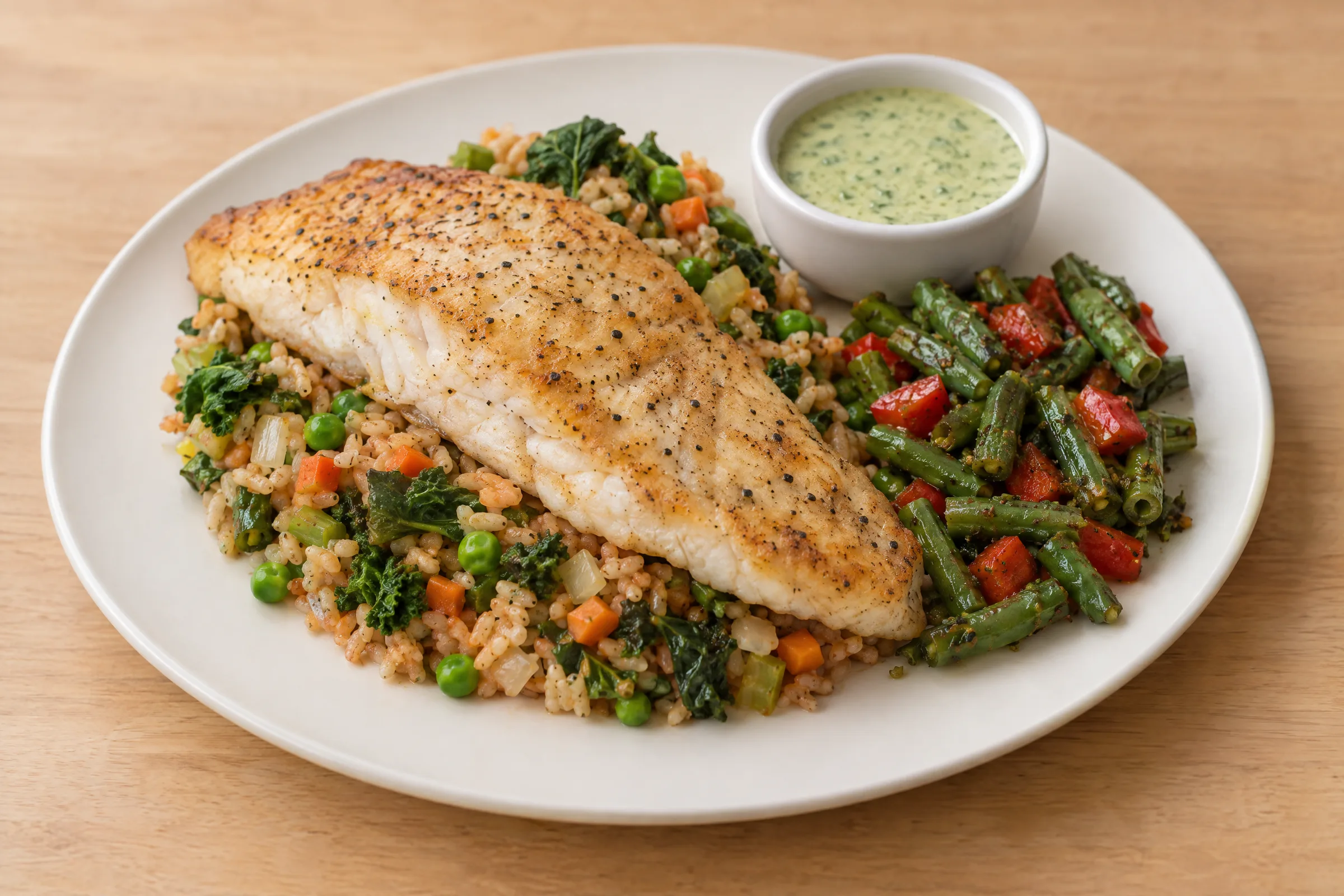 Seared barramundi fillet on tomato brown rice with kale and peas, plus green beans, red pepper and green herb sauce. AI illustration, not a photo of the delivered meal. Appearance and portions vary.