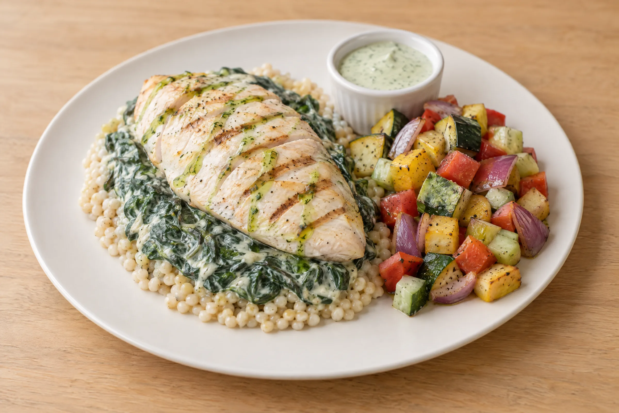 Grilled chicken breast on creamed spinach and couscous with roasted zucchini medley and green herb dressing. AI illustration, not a photo of the delivered meal. Appearance and portions vary.
