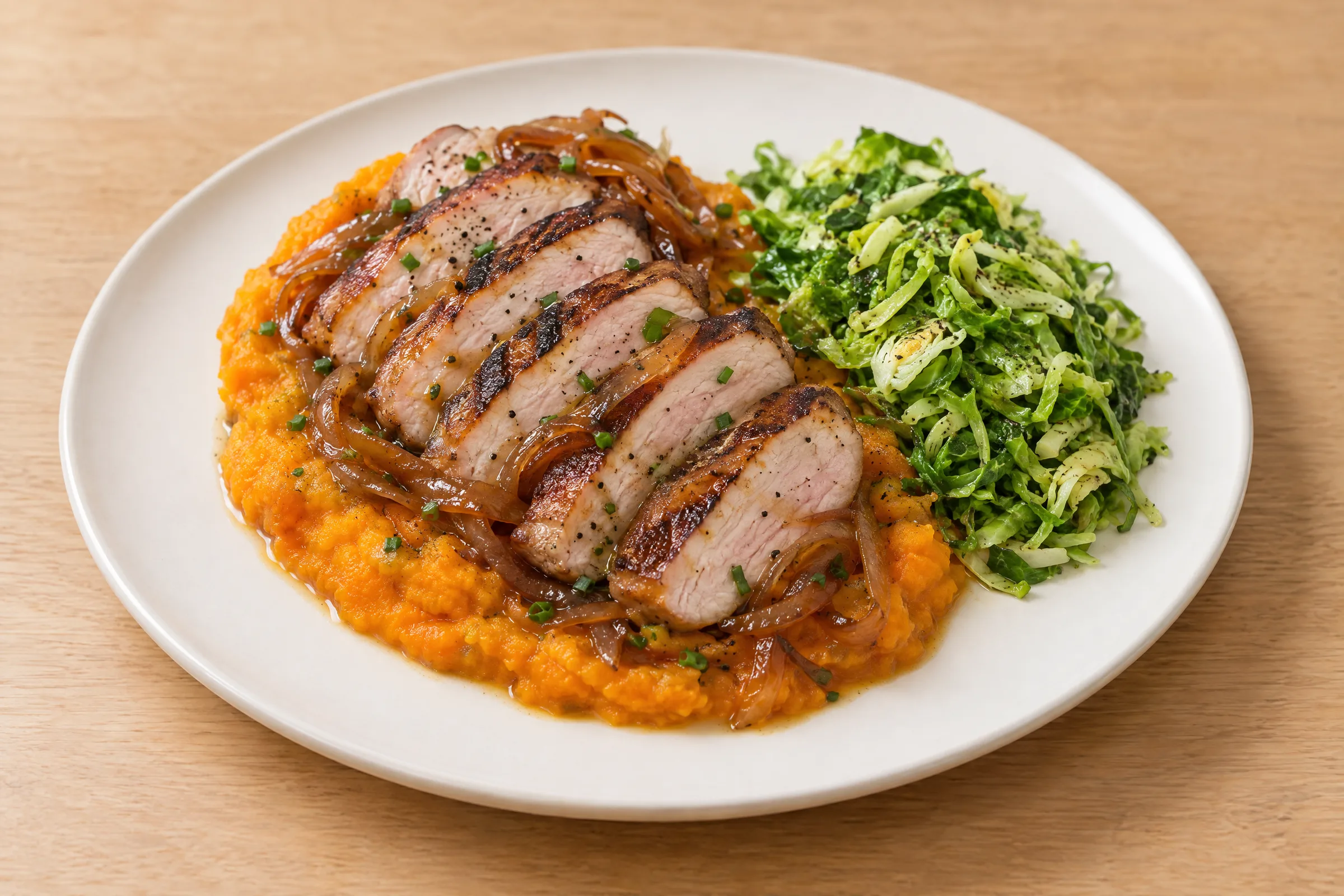 Sliced grilled pork chop over orange butternut mash with caramelized onions, beside shaved Brussels sprouts. AI illustration, not a photo of the delivered meal. Appearance and portions vary.