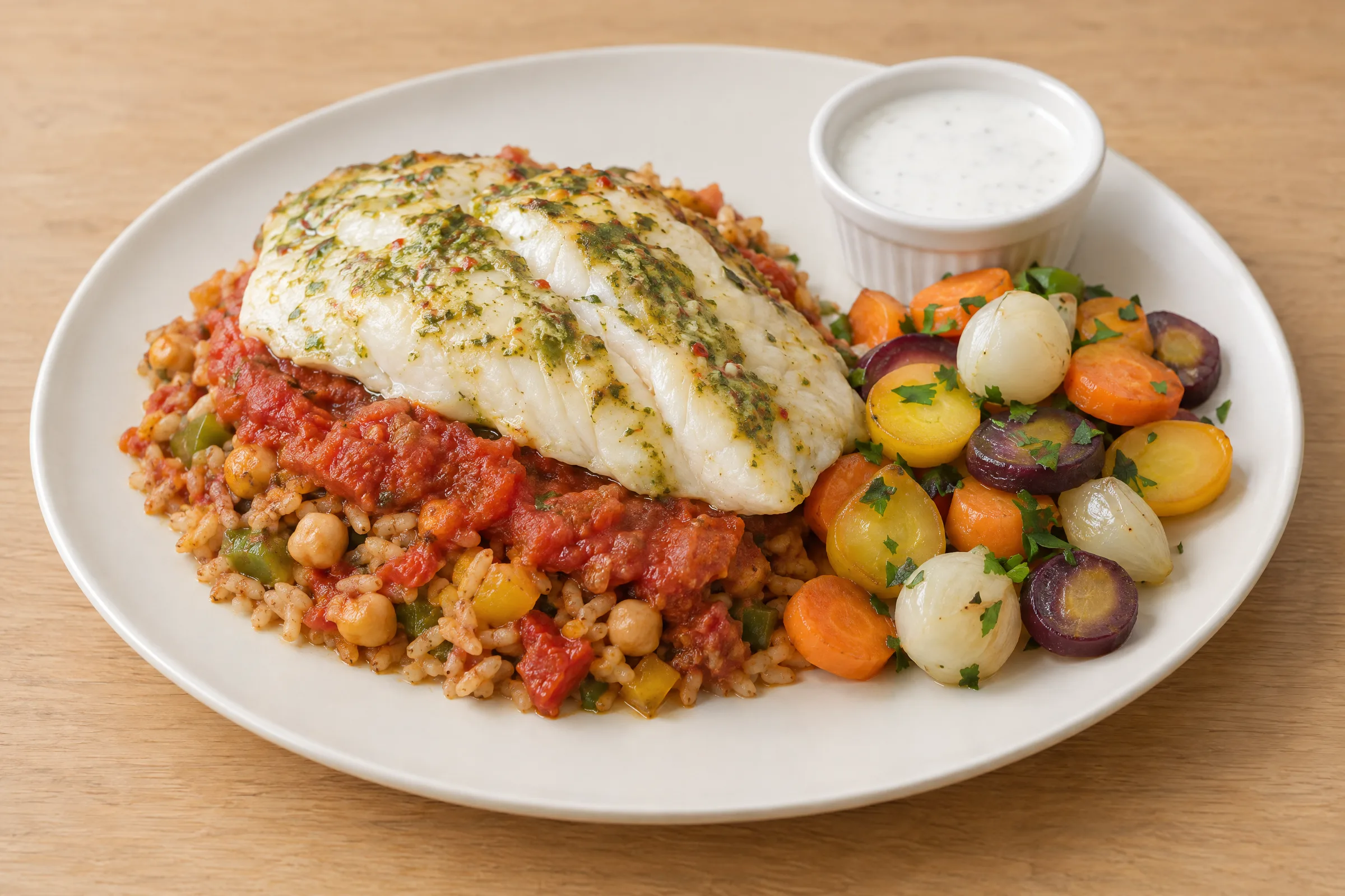 A scored barramundi fillet with green herb paste on tomato-chickpea brown rice, with rainbow carrots and yogurt sauce. AI illustration, not a photo of the delivered meal. Appearance and portions vary.