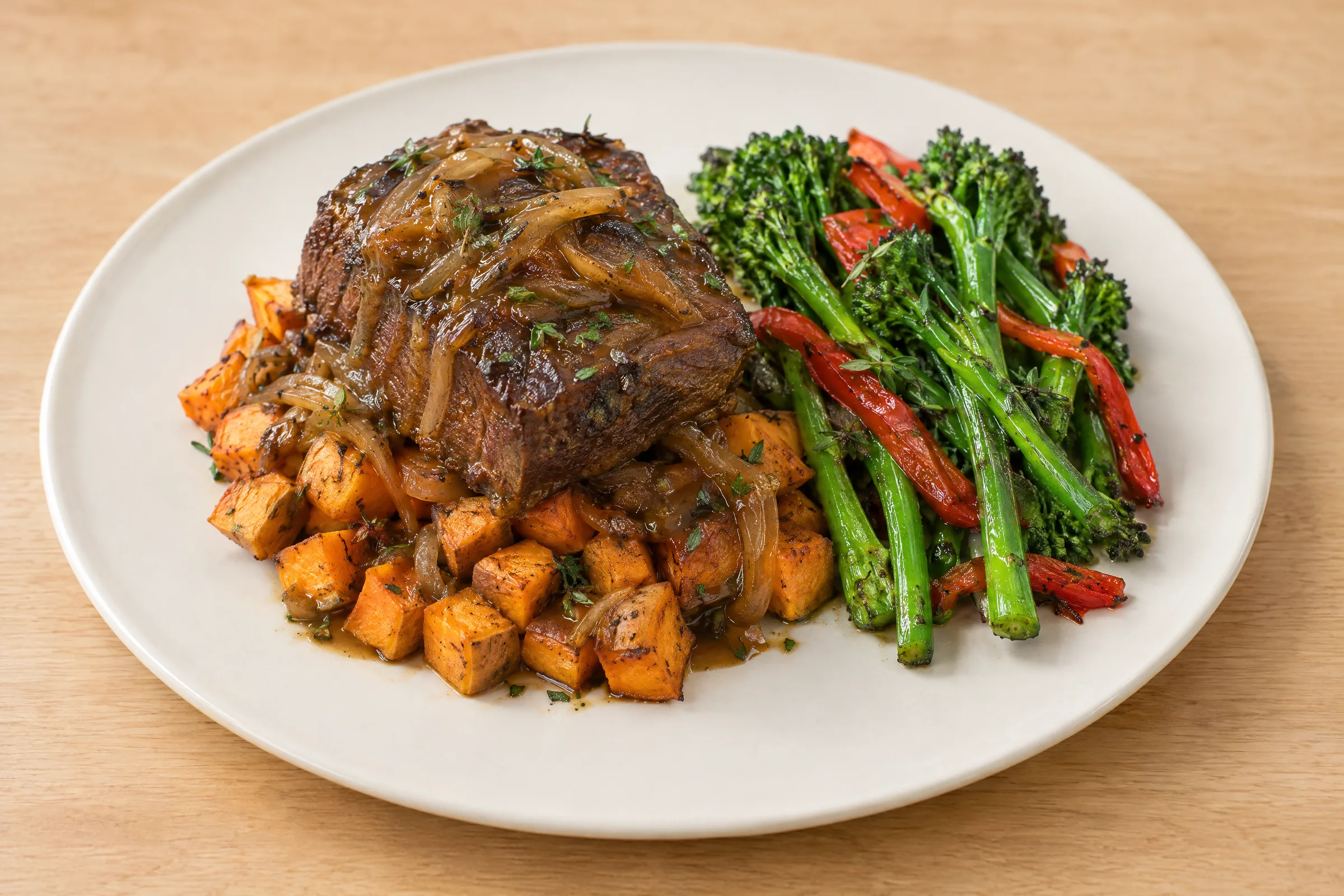 A braised beef short rib with onion gravy over roasted sweet potato cubes, broccolini and red pepper strips. AI illustration, not a photo of the delivered meal. Appearance and portions vary.