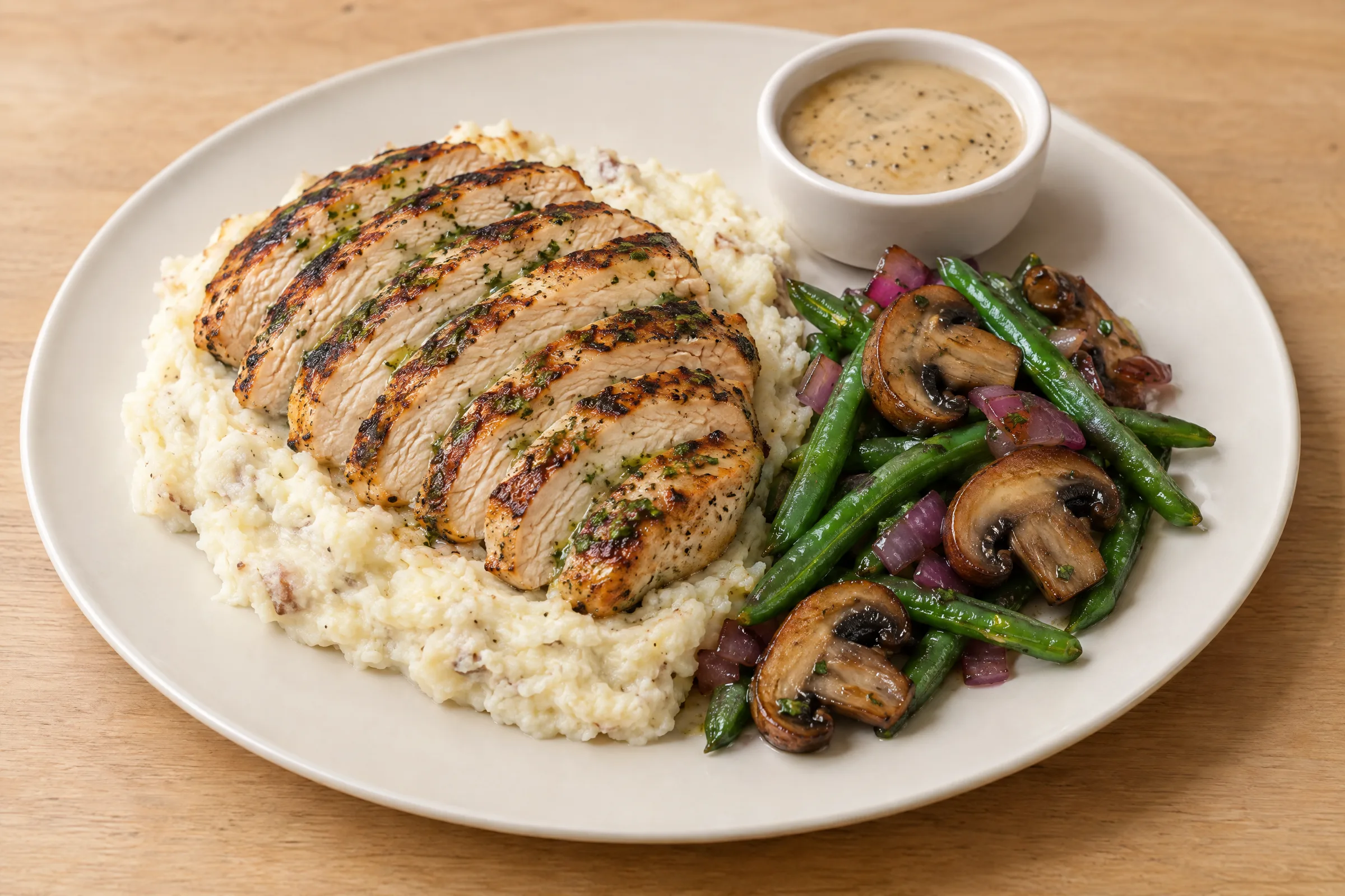 Sliced grilled chicken breast over potato-celeriac mash with seared mushrooms, green beans, red onion and a cup of gravy. AI illustration, not a photo of the delivered meal. Appearance and portions vary.