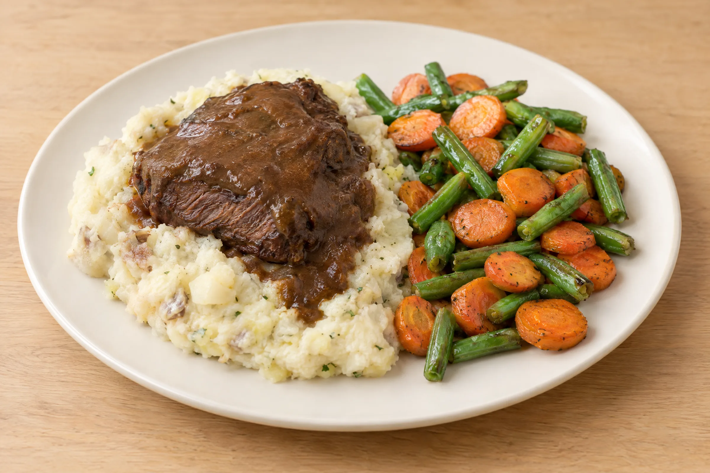 A saucy braised beef short rib on creamy Yukon potato mash with roasted carrots and green beans. AI illustration, not a photo of the delivered meal. Appearance and portions vary.