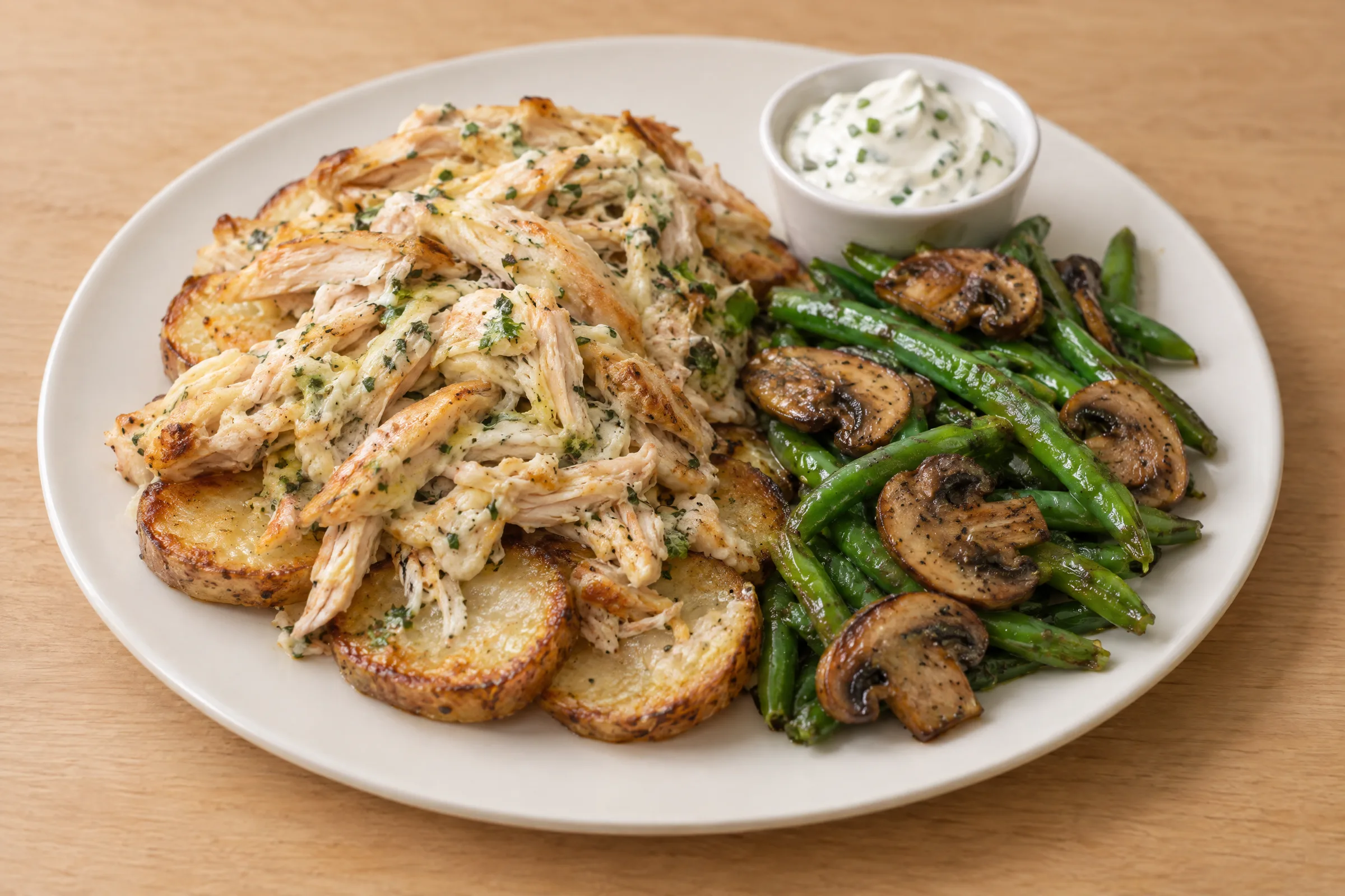 Shredded white cheddar chicken over roasted potato rounds with green beans, seared mushrooms and chive sour cream. AI illustration, not a photo of the delivered meal. Appearance and portions vary.