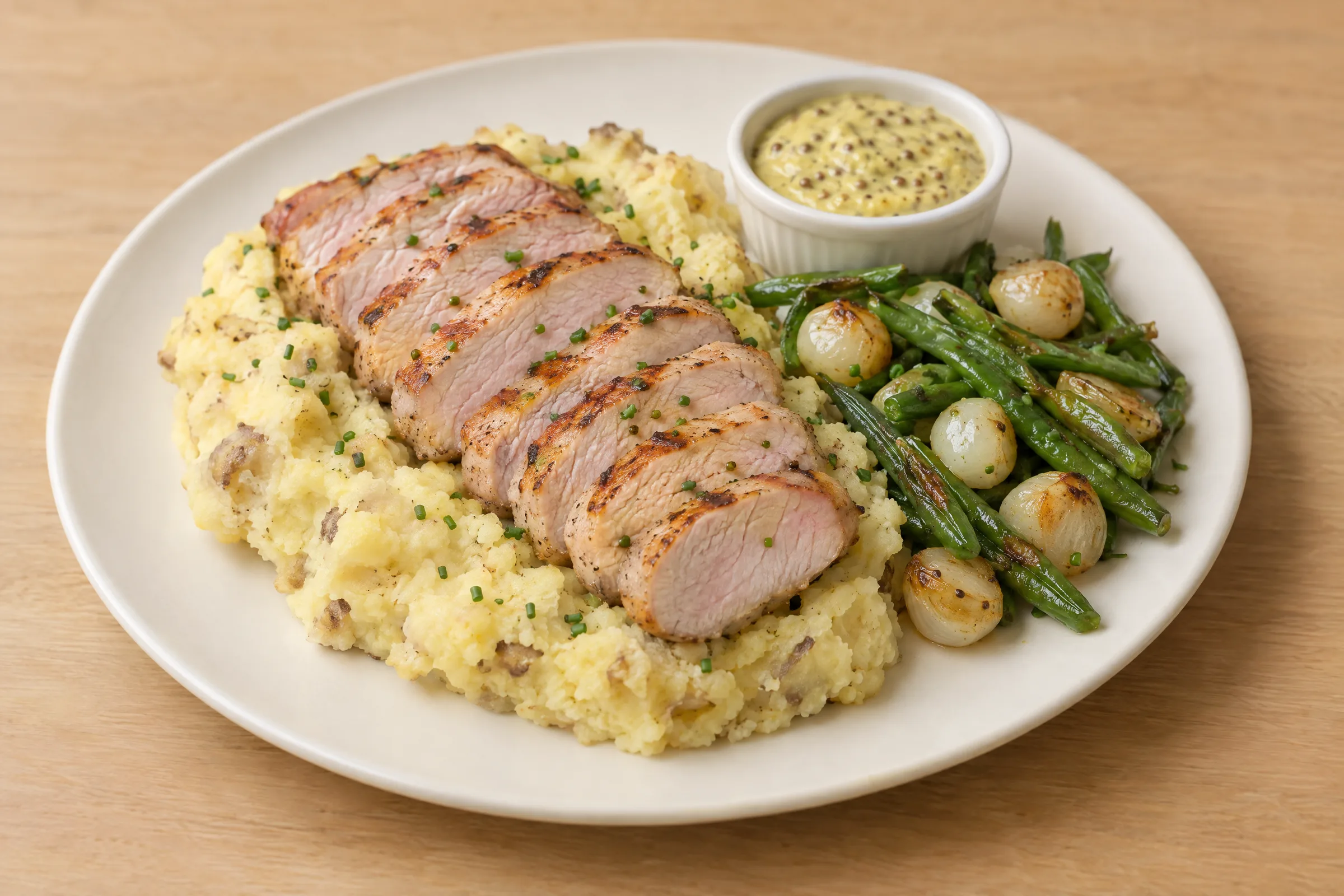 Sliced grilled pork chop on mashed potatoes with green beans, pearl onions and honey mustard sauce. AI illustration, not a photo of the delivered meal. Appearance and portions vary.