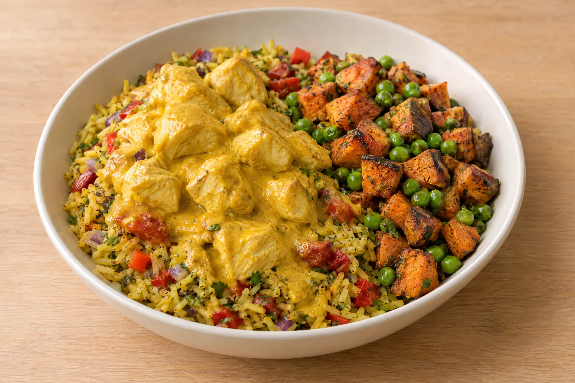Creamy yellow chicken curry over turmeric rice with roasted sweet potato cubes, green peas, peppers and tomato. AI illustration, not a photo of the delivered meal. Appearance and portions vary.