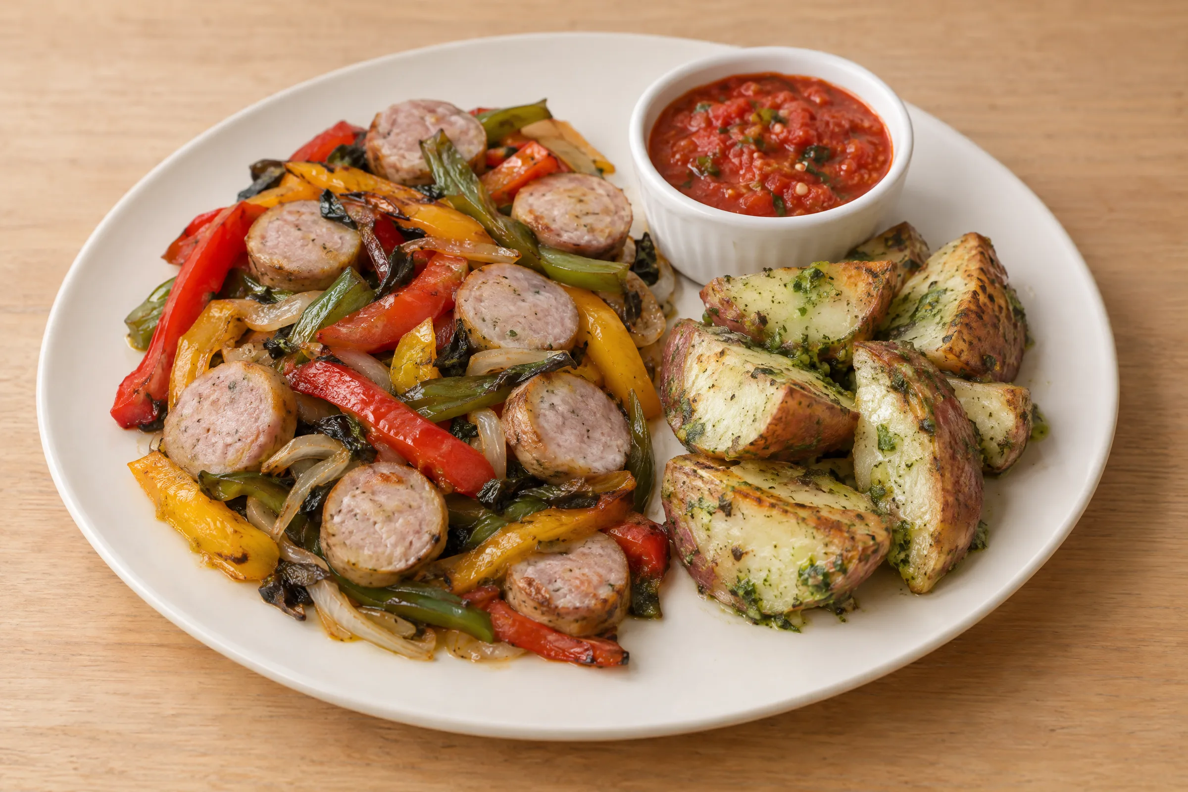 Sliced Italian sausage with peppers and onions, herb-roasted red potato wedges, and a cup of tomato sauce. AI illustration, not a photo of the delivered meal. Appearance and portions vary.