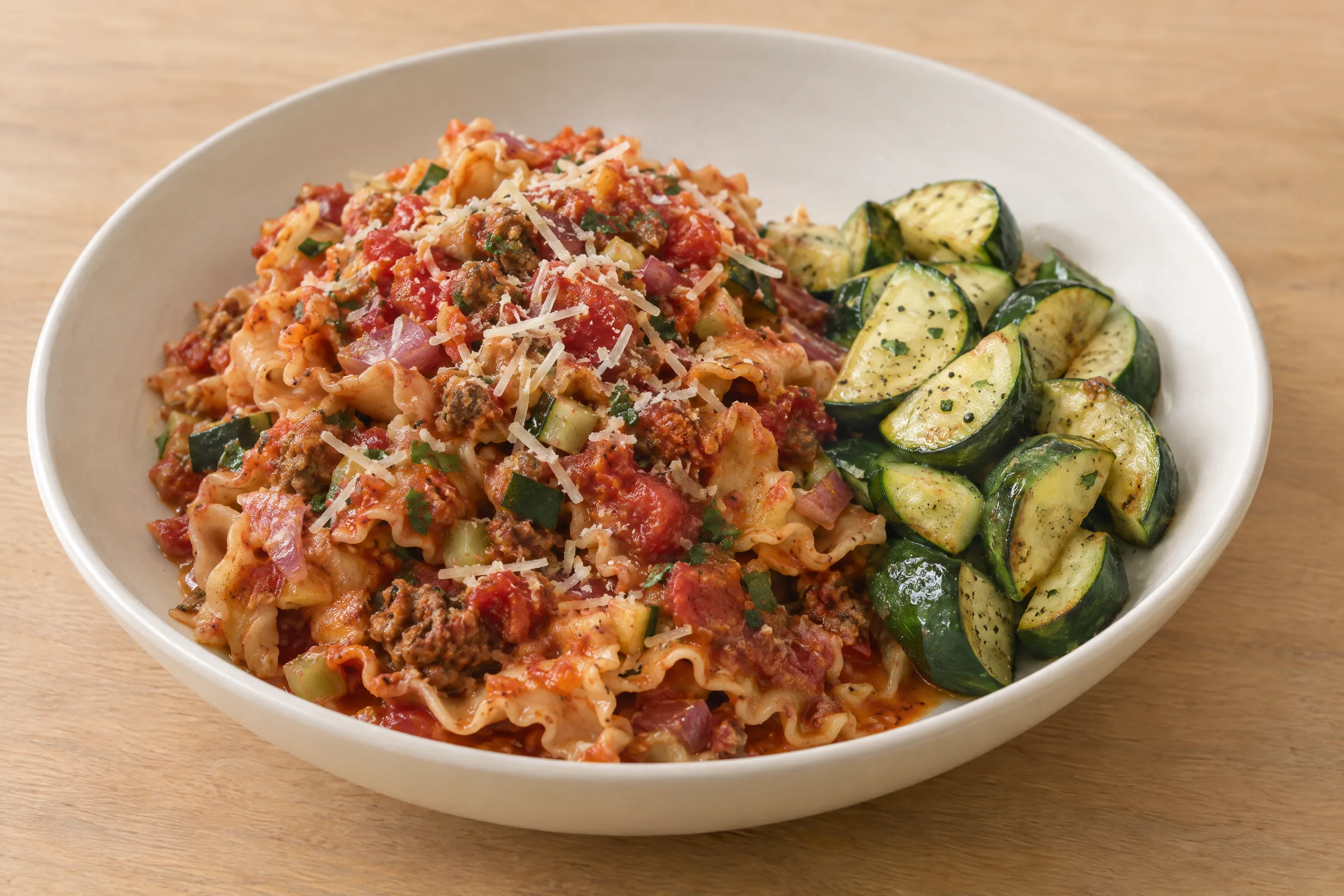 Ruffled brown rice lasagnette in chunky tomato sausage ragu with Parmesan, beside buttered zucchini half-moons. AI illustration, not a photo of the delivered meal. Appearance and portions vary.