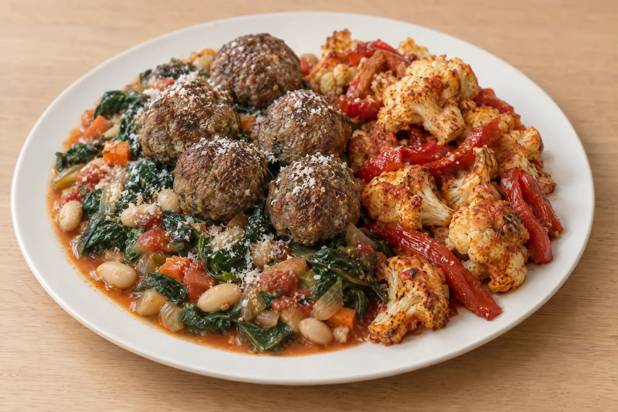 Five browned beef meatballs on stewed white beans and spinach with roasted cauliflower and red peppers. AI illustration, not a photo of the delivered meal. Appearance and portions vary.