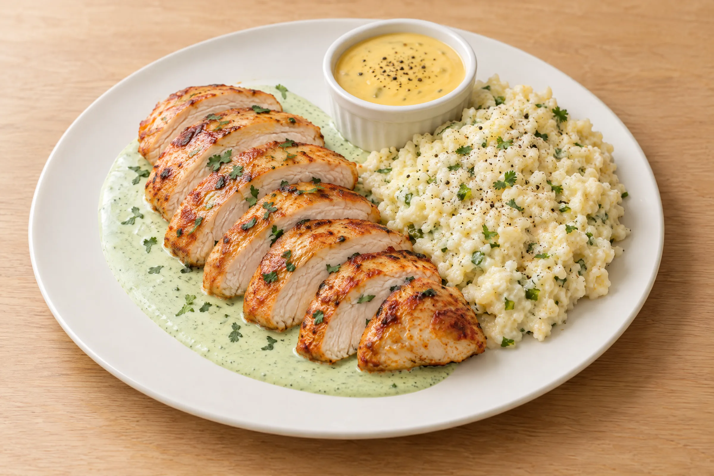 Sliced spice-rubbed chicken breast on green cilantro cream sauce with creamy cauliflower rice and a cheddar sauce cup. AI illustration, not a photo of the delivered meal. Appearance and portions vary.