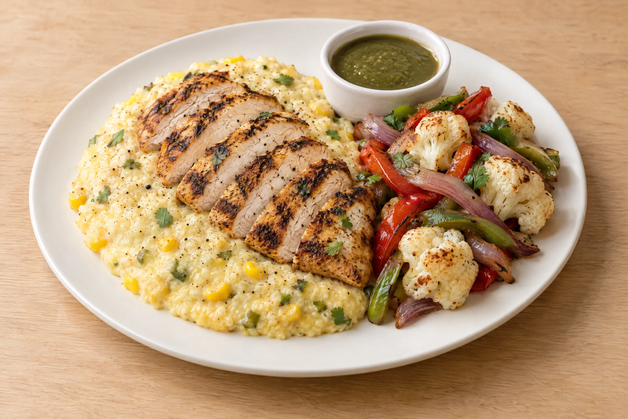 Sliced grilled chicken on creamy sweet corn polenta with roasted cauliflower, peppers, onions and green sauce. AI illustration, not a photo of the delivered meal. Appearance and portions vary.