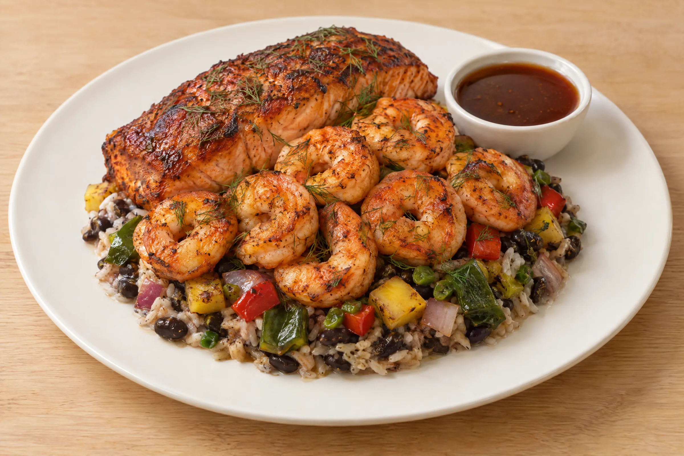 A seared salmon fillet and shrimp over coconut rice with black beans, pineapple salsa, and jerk sauce. AI illustration, not a photo of the delivered meal. Appearance and portions vary.