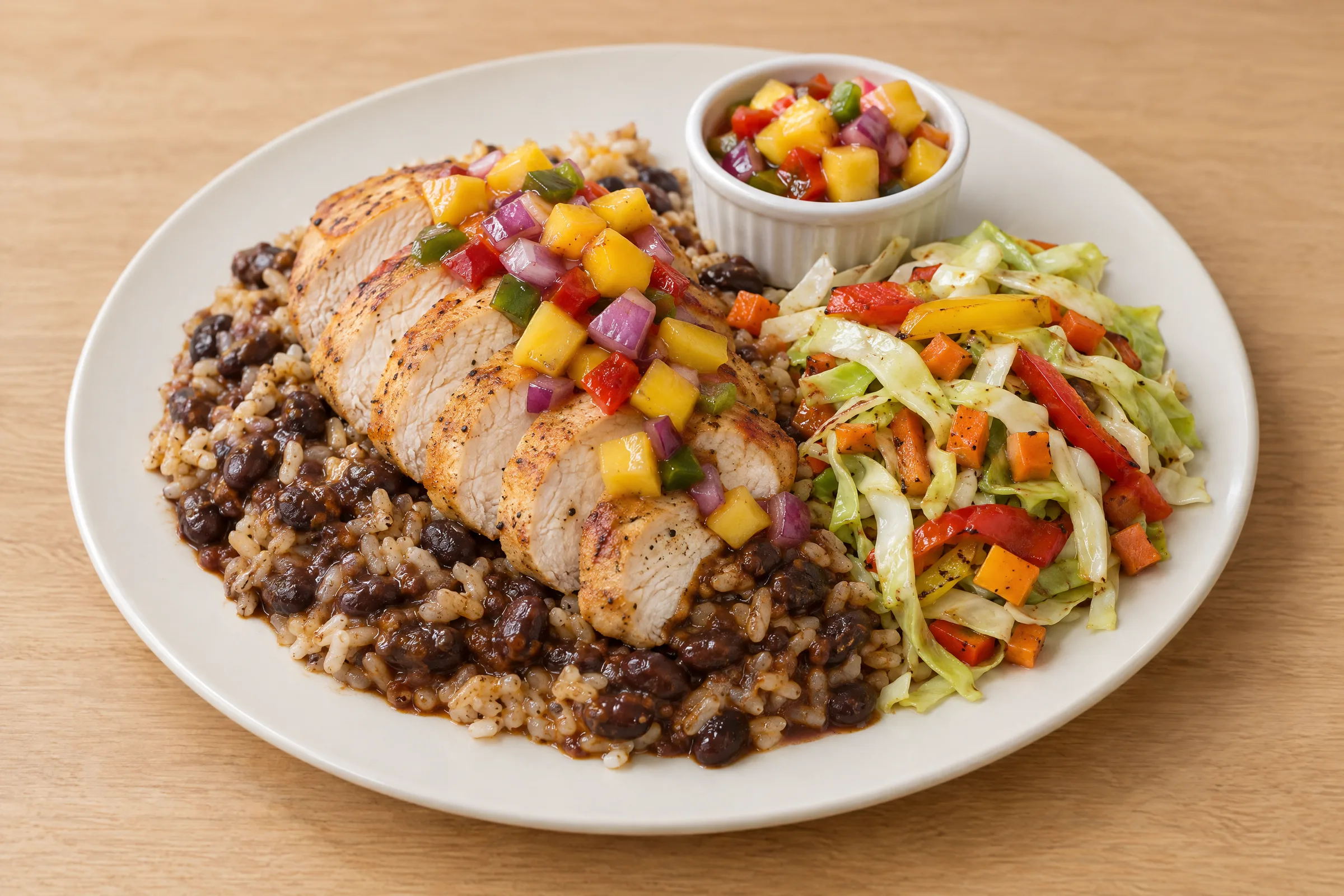 Sliced seared chicken breast with mango salsa over coconut rice and black beans, with cabbage-carrot-pepper slaw. AI illustration, not a photo of the delivered meal. Appearance and portions vary.
