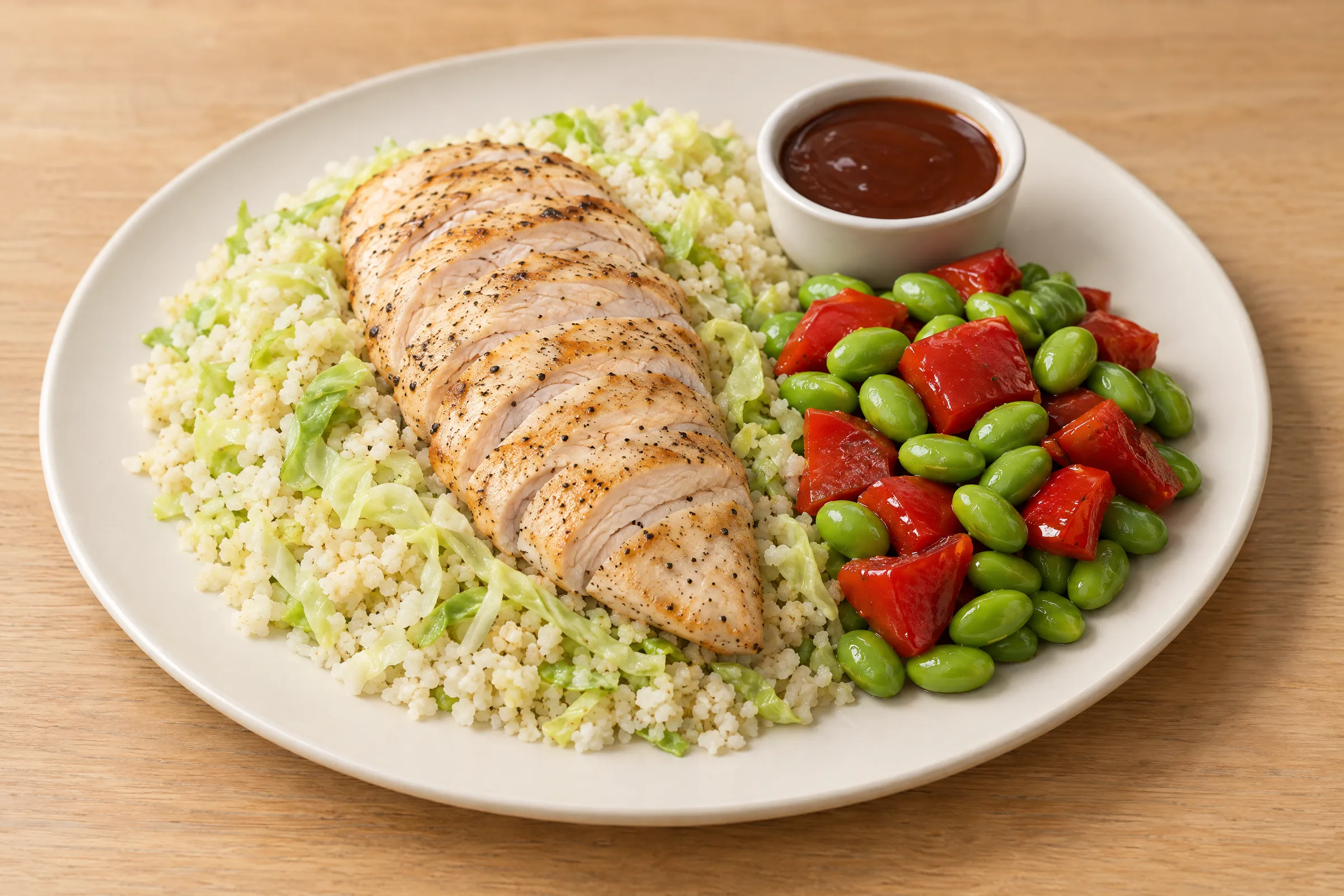 Sliced grilled chicken breast over cauliflower-rice with cabbage, plus edamame, red peppers and BBQ sauce. AI illustration, not a photo of the delivered meal. Appearance and portions vary.