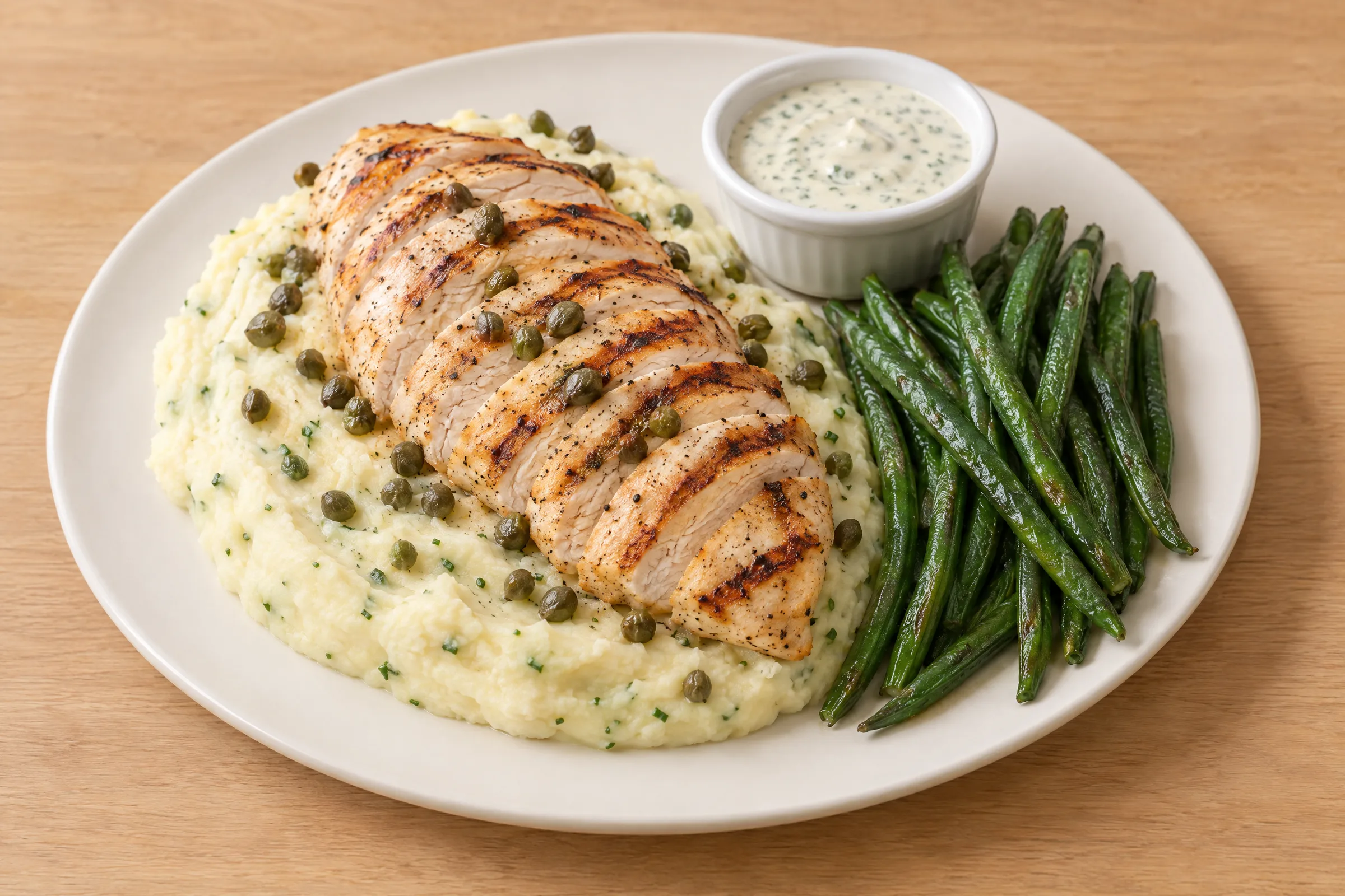 Sliced grilled chicken breast over mashed potatoes with capers, green beans, and a creamy lemon caper sauce. AI illustration, not a photo of the delivered meal. Appearance and portions vary.