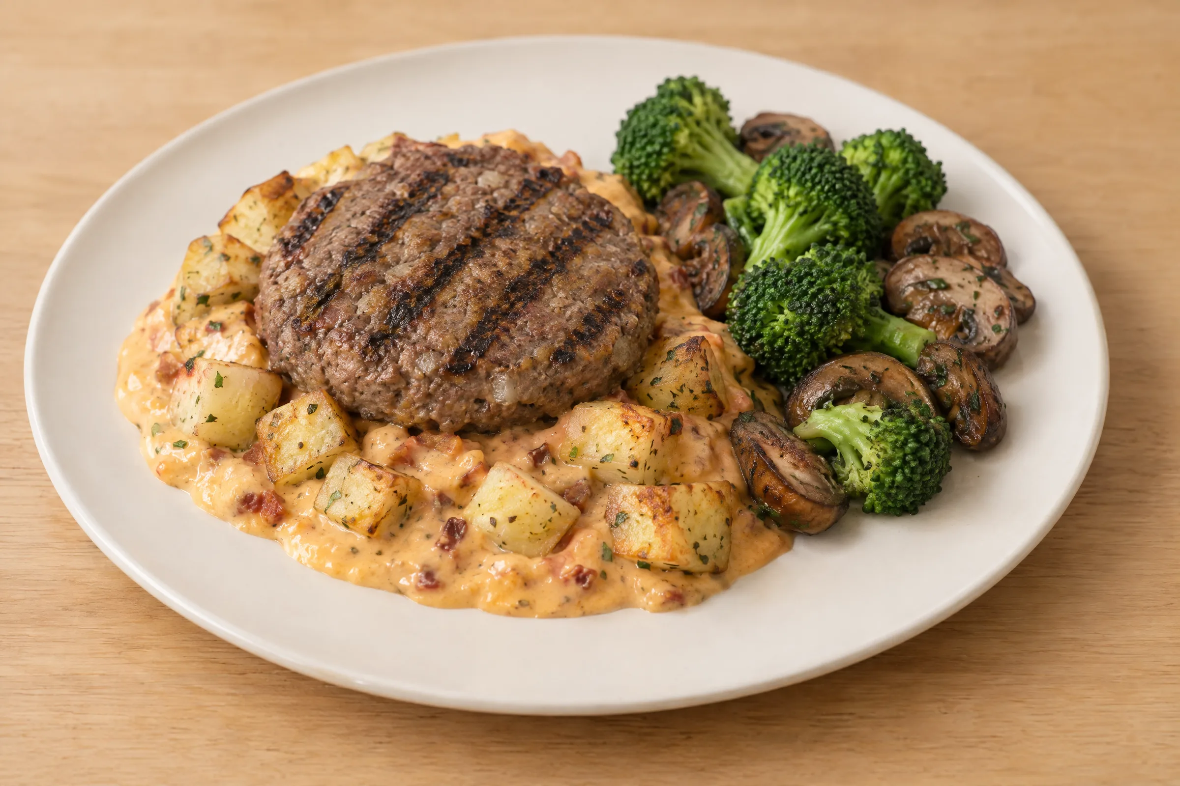 A grilled beef burger patty on creamy bacon cheese sauce with roasted potatoes, broccoli and mushrooms. AI illustration, not a photo of the delivered meal. Appearance and portions vary.