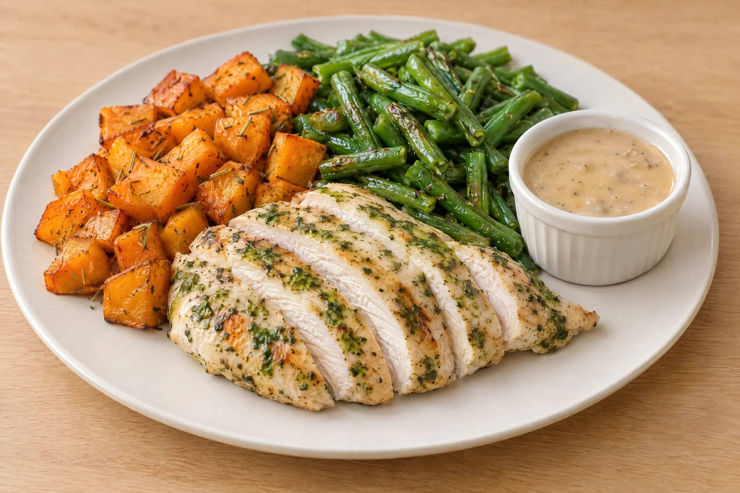 Sliced herb-rubbed grilled chicken breast with roasted butternut squash cubes, green beans, and a cup of maple gravy. AI illustration, not a photo of the delivered meal. Appearance and portions vary.
