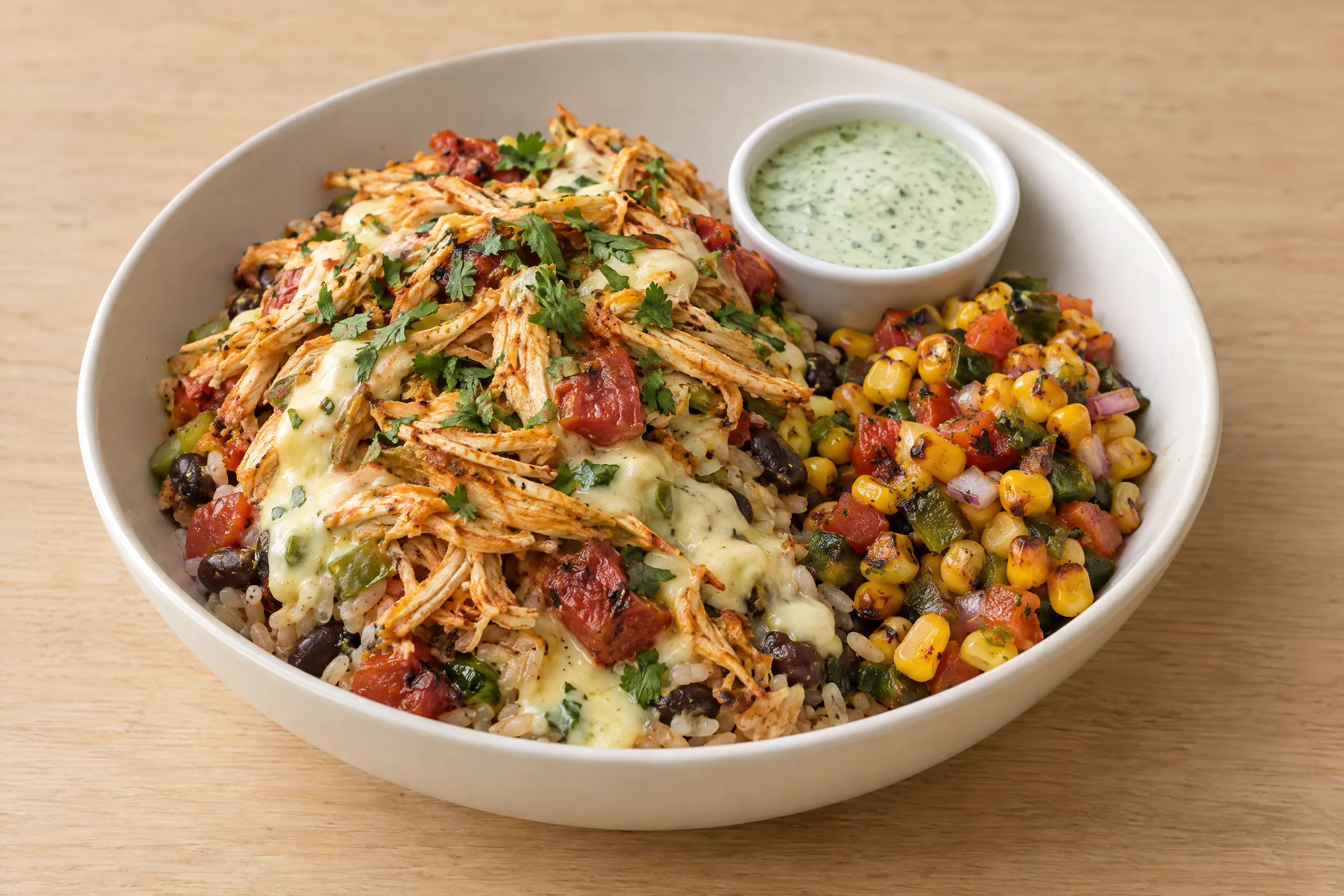 Shredded spiced chicken over brown rice with black beans, queso, roasted corn salsa and cilantro crema. AI illustration, not a photo of the delivered meal. Appearance and portions vary.