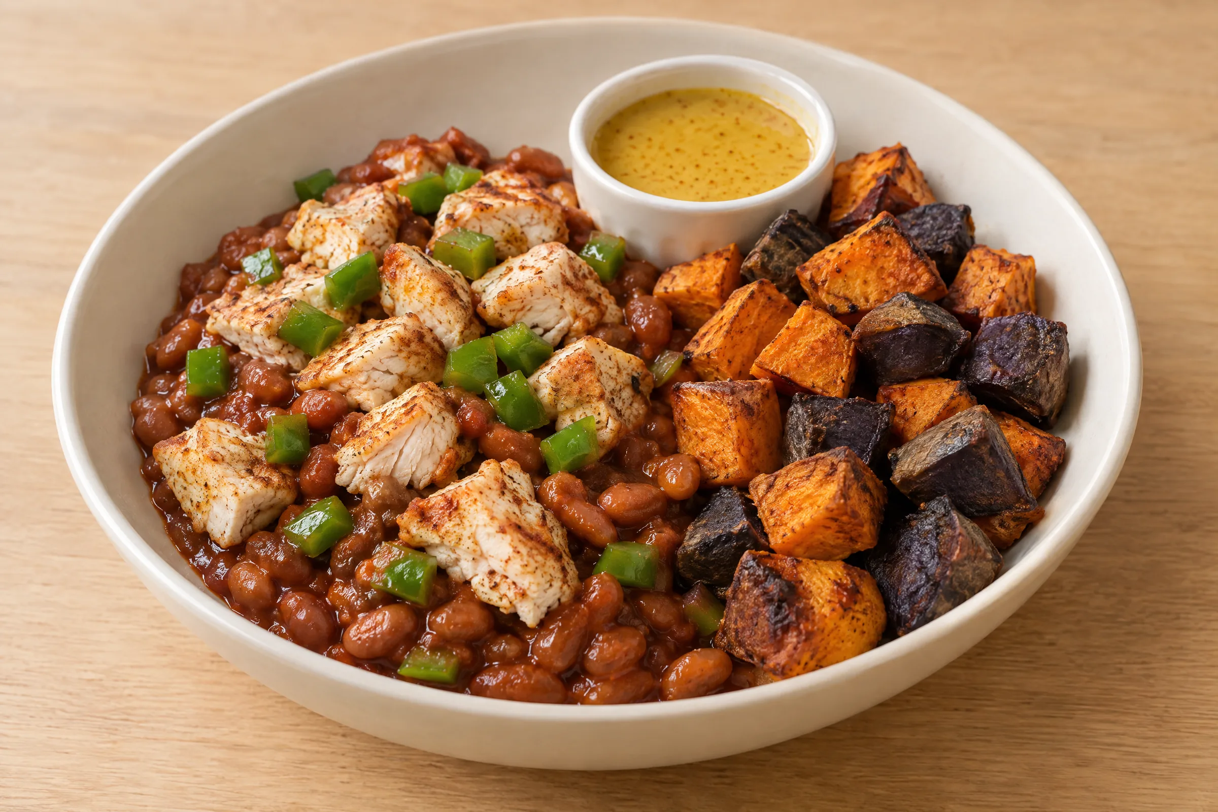 Spice-rubbed chicken chunks over saucy pinto beans with roasted sweet and purple potatoes and mustard vinaigrette. AI illustration, not a photo of the delivered meal. Appearance and portions vary.