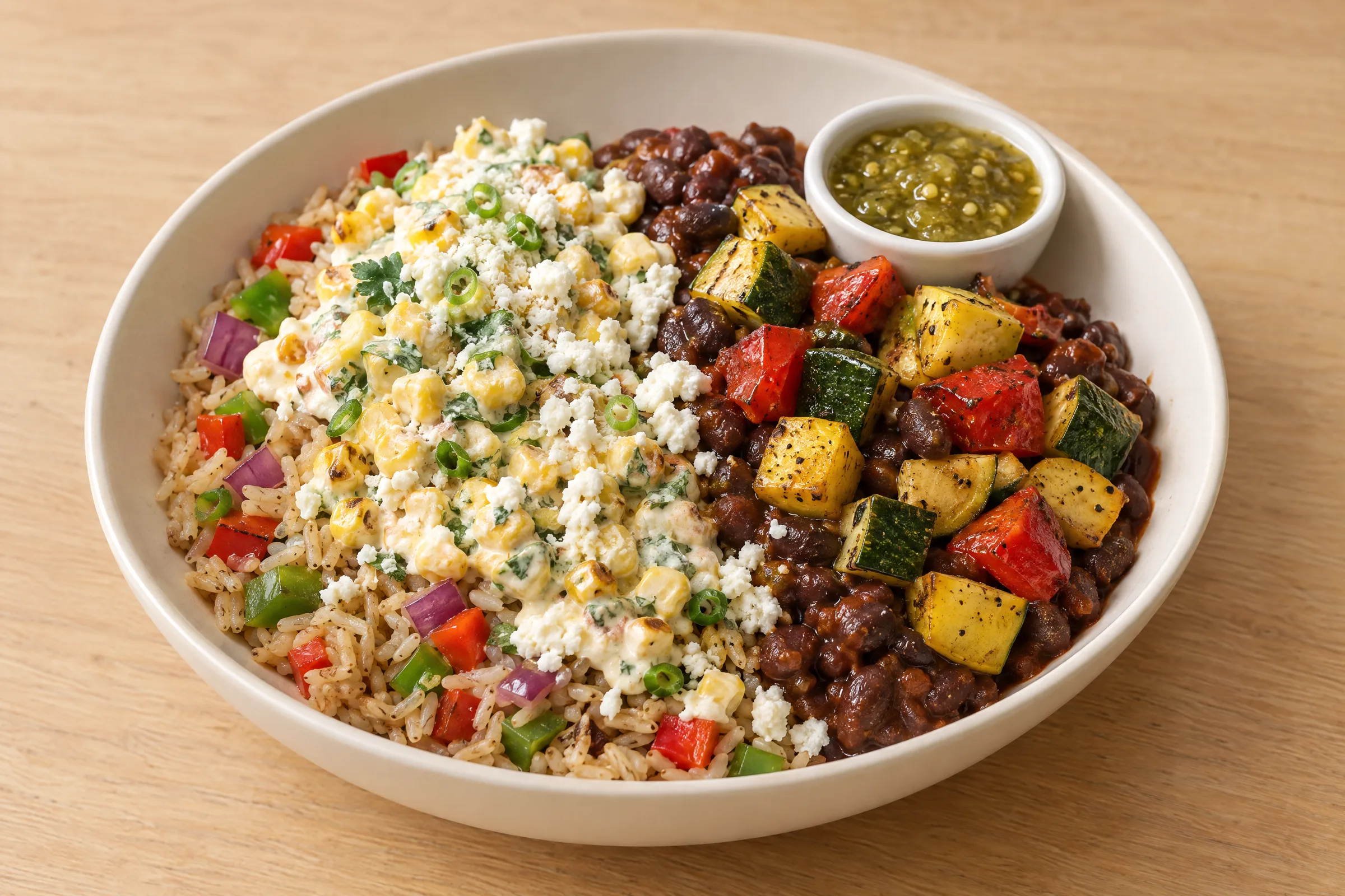 A loose bowl of brown rice, creamy street corn, black beans, zucchini, squash, peppers, queso fresco and green salsa. AI illustration, not a photo of the delivered meal. Appearance and portions vary.