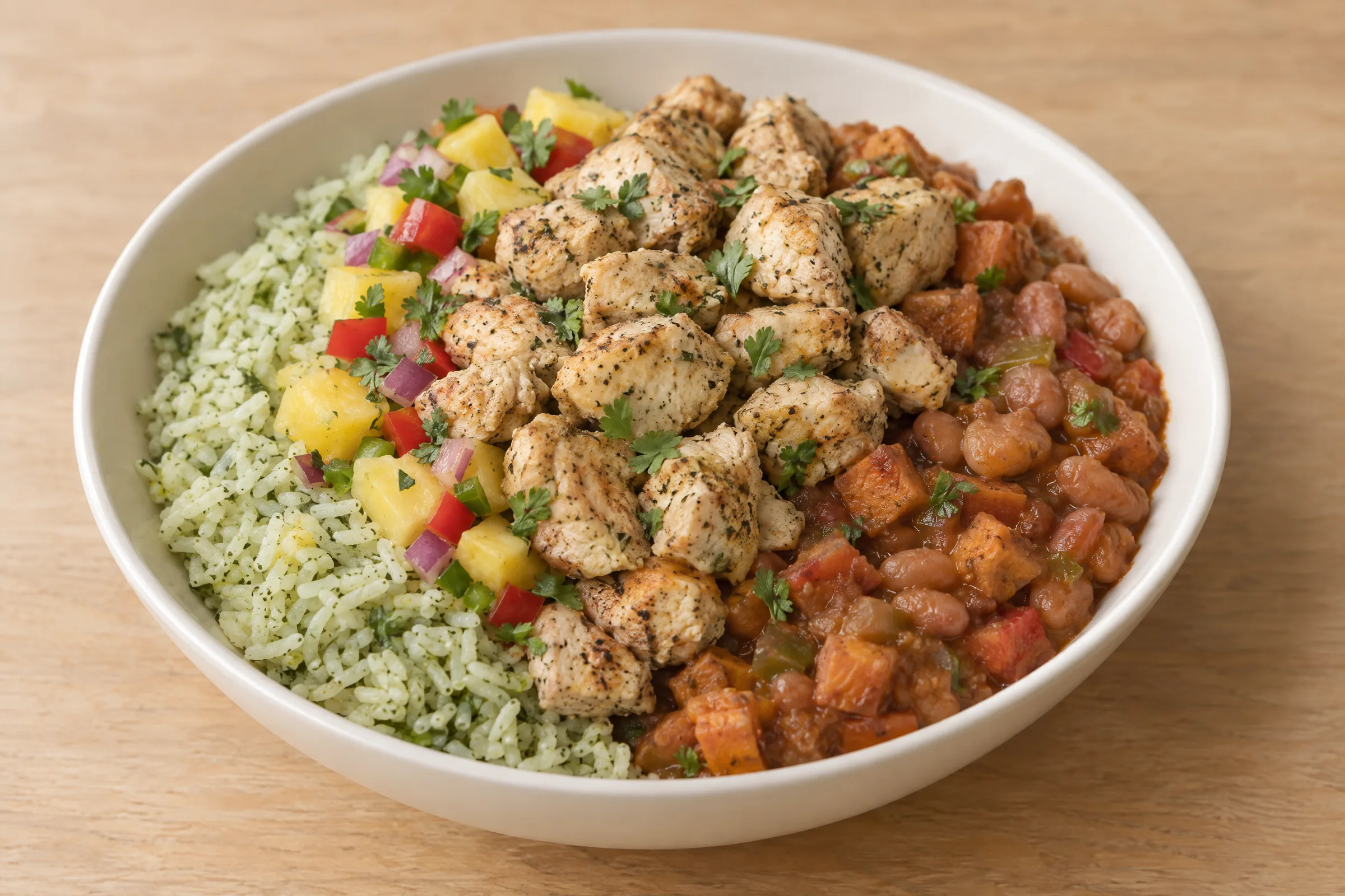 Spiced chicken chunks over cilantro-lime rice, ranchero pinto beans, roasted sweet potato cubes and fresh pineapple salsa. AI illustration, not a photo of the delivered meal. Appearance and portions vary.