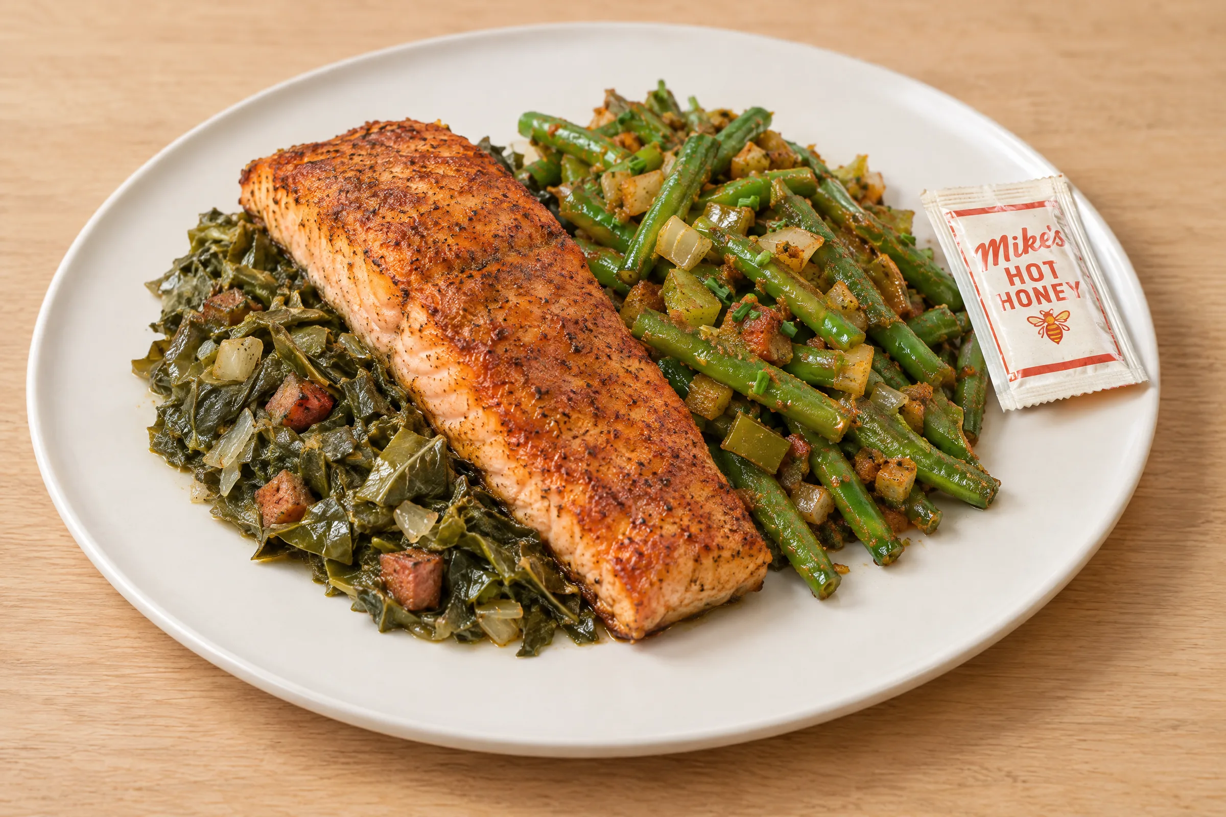 A blackened salmon fillet on braised collards with andouille, beside spiced green beans and a hot honey packet. AI illustration, not a photo of the delivered meal. Appearance and portions vary.