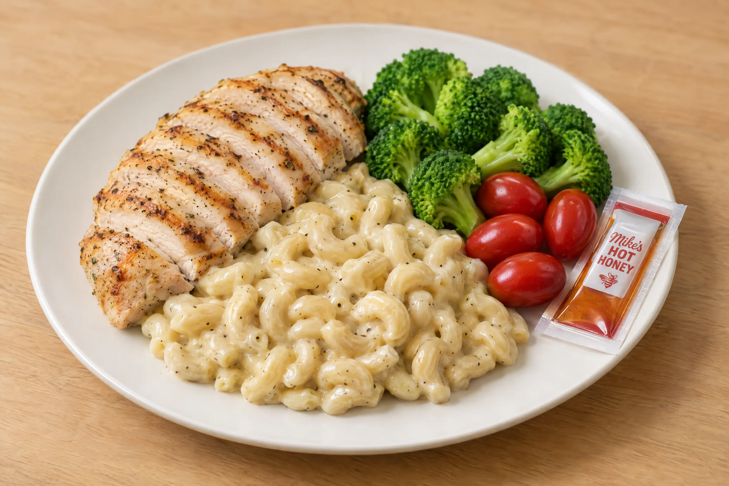 Sliced grilled chicken breast on creamy gouda elbow macaroni with broccoli florets, tomato halves, and a hot honey packet. AI illustration, not a photo of the delivered meal. Appearance and portions vary.