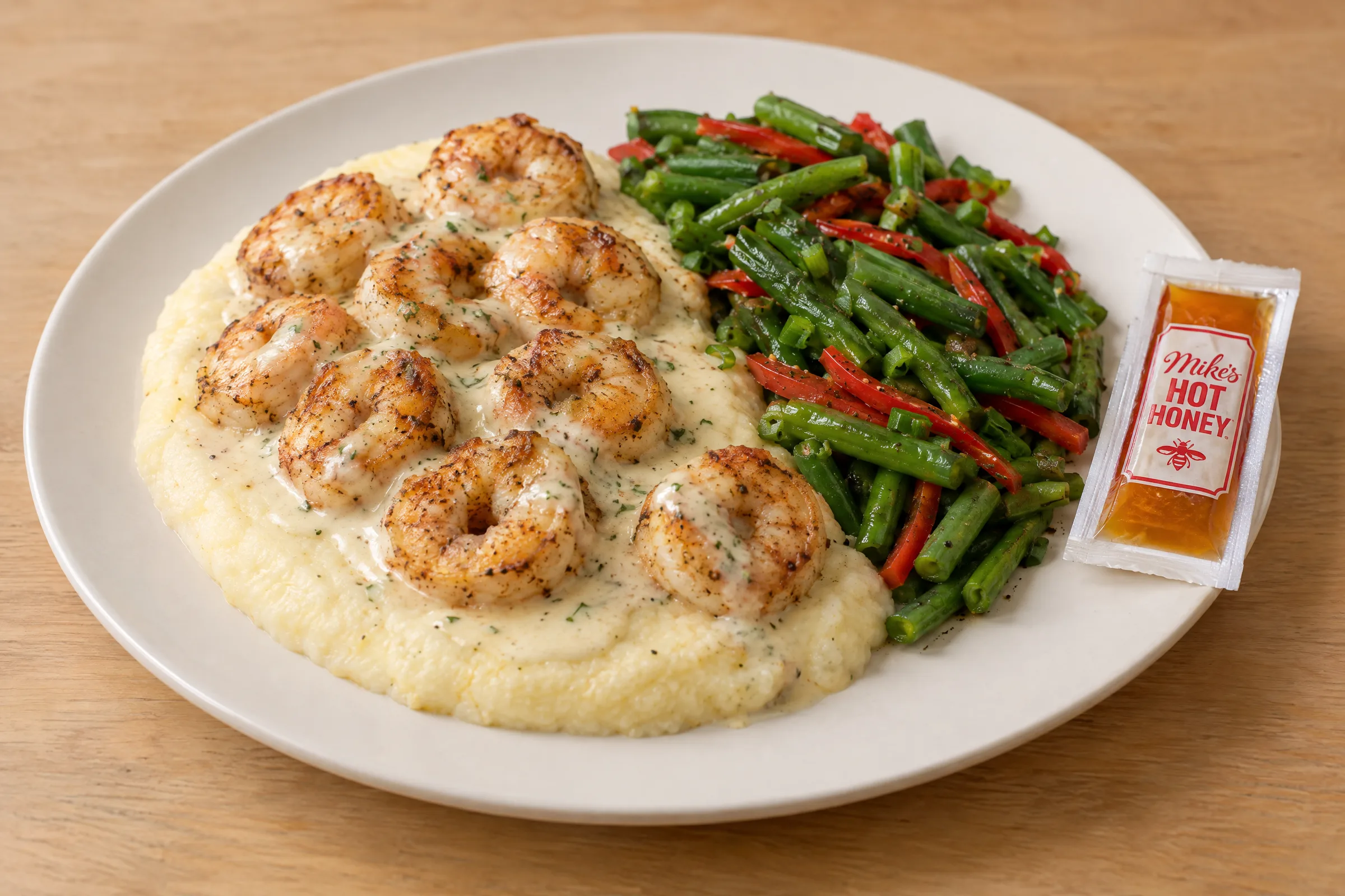 Blackened shrimp in cream sauce over creamy grits with green beans and red pepper strips. AI illustration, not a photo of the delivered meal. Appearance and portions vary.